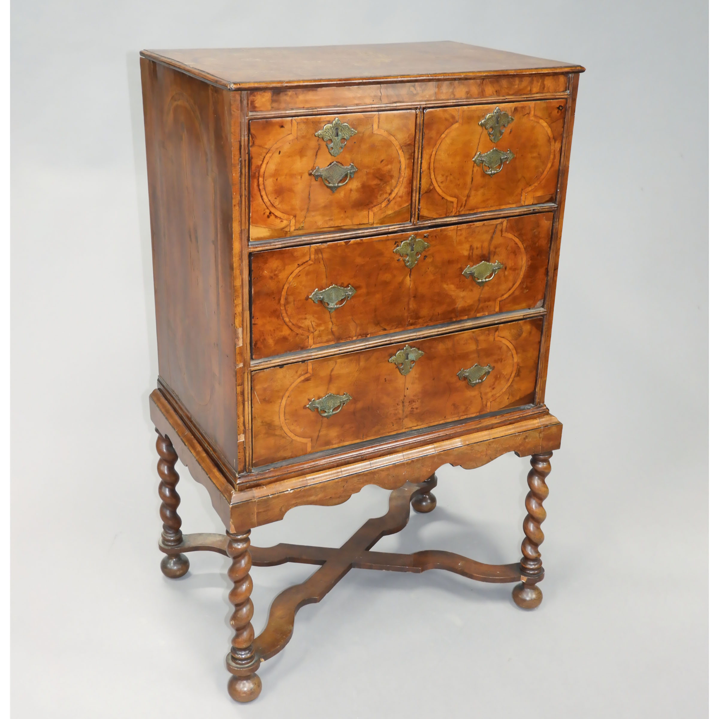 Small William and Mary Inlaid Figured Walnut Chest on Stand, early 18th century