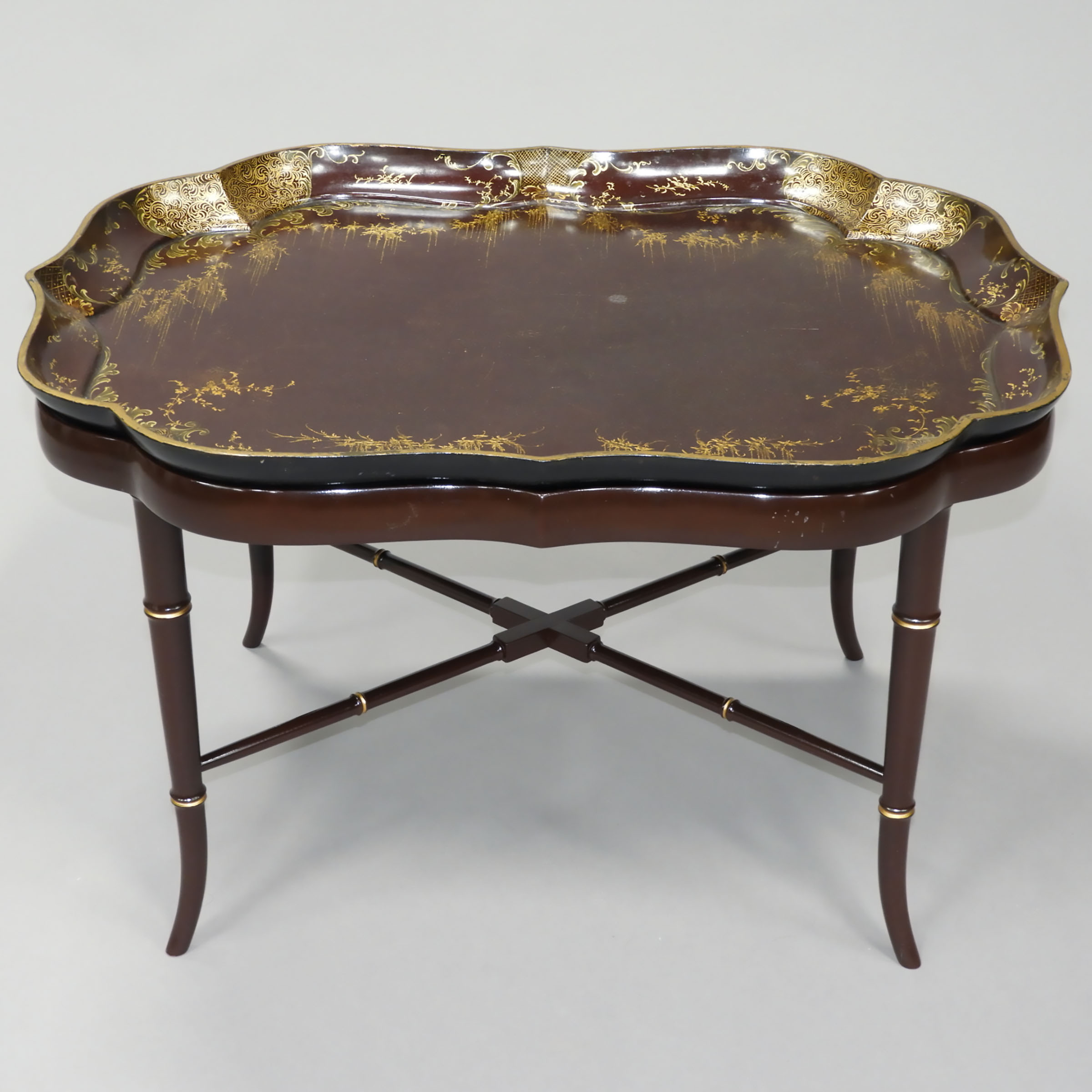 Victorian Oxblood Lacquered Papier Maché Tea Tray on Stand, mid 19th century and Later