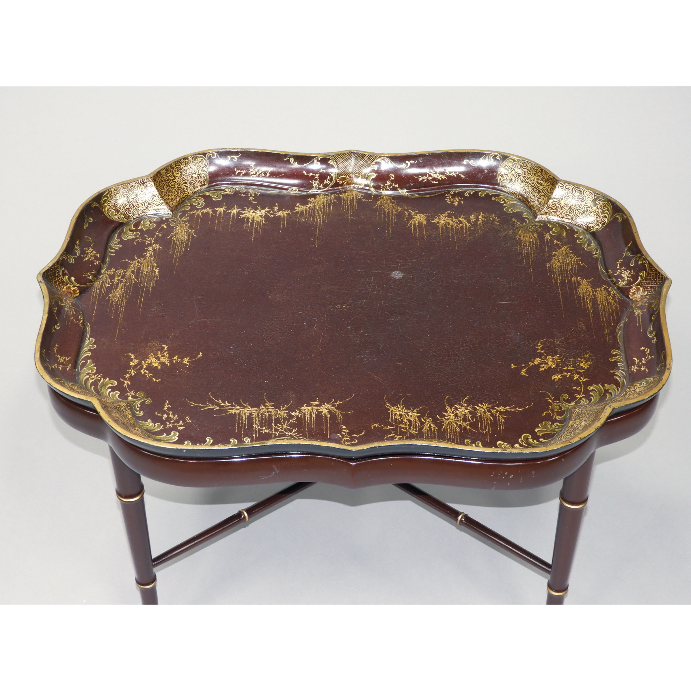 Victorian Oxblood Lacquered Papier Maché Tea Tray on Stand, mid 19th century and Later