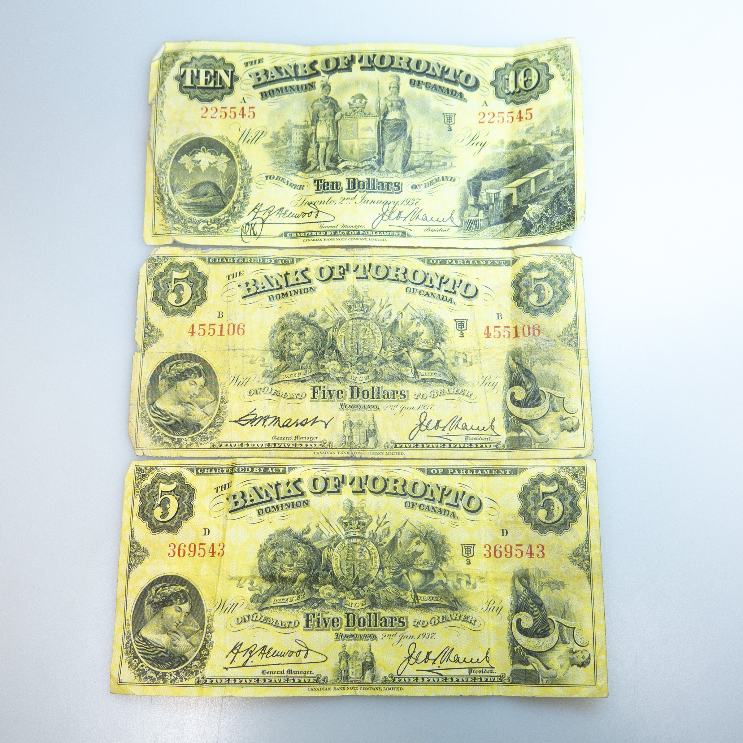 Three Bank Of Toronto 1937 Bank Notes