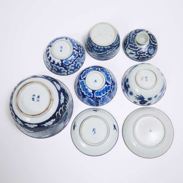 A Group of Seven Blue and White Porcelain Wares, Late Qing Dynasty