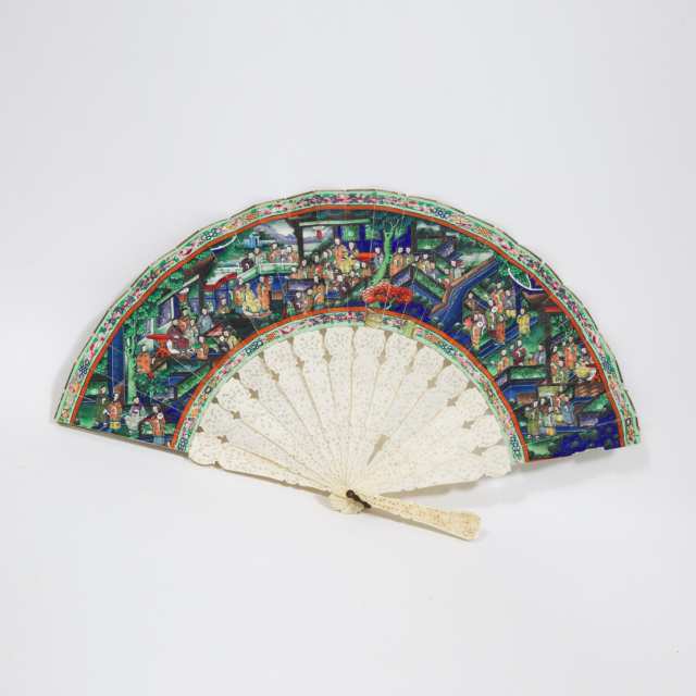A Finely Carved Ivory Chinese Export Fan painted with a Palace Scene, 19th Century
