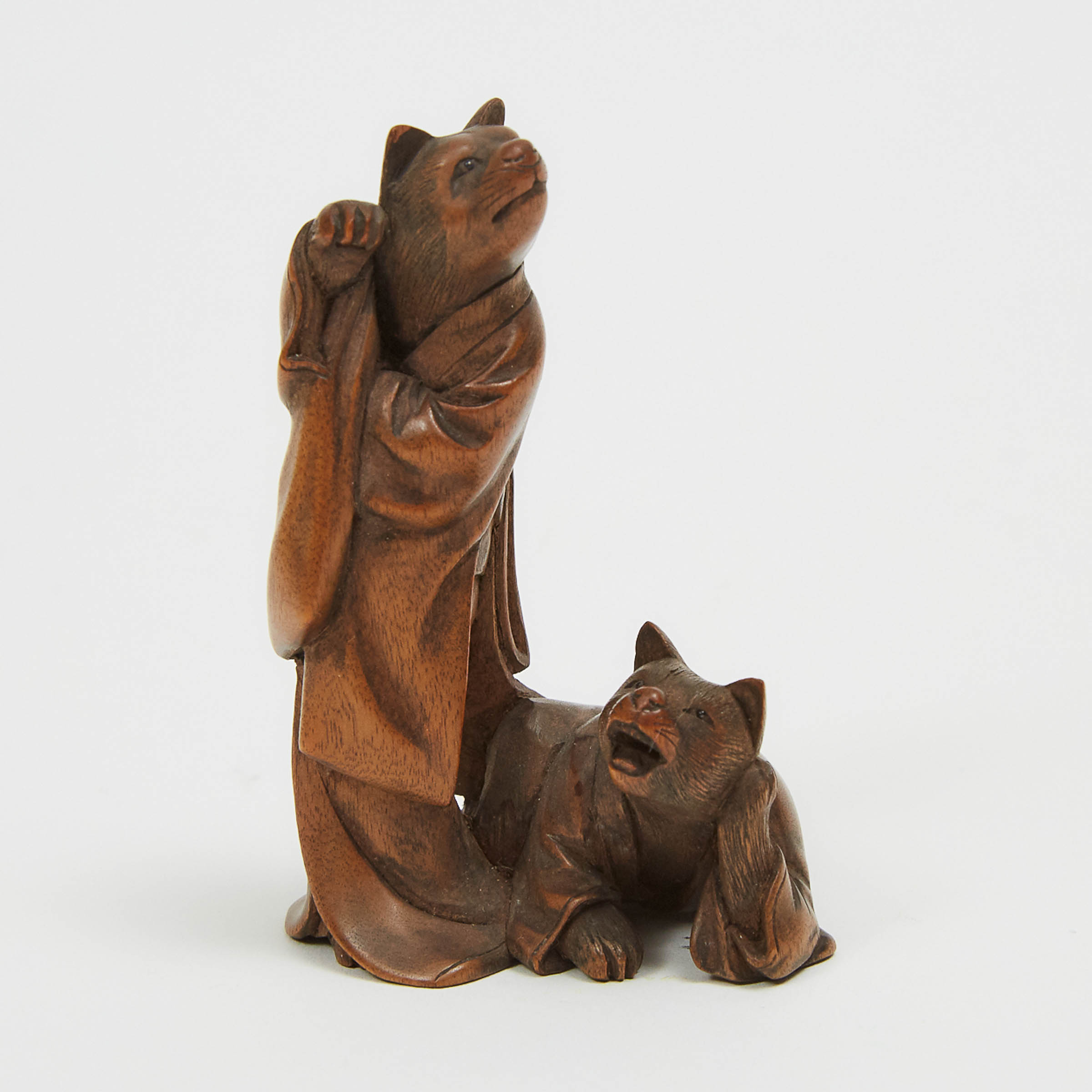 A Wood Netsuke of a Pair of Cats Dressed in Kimono