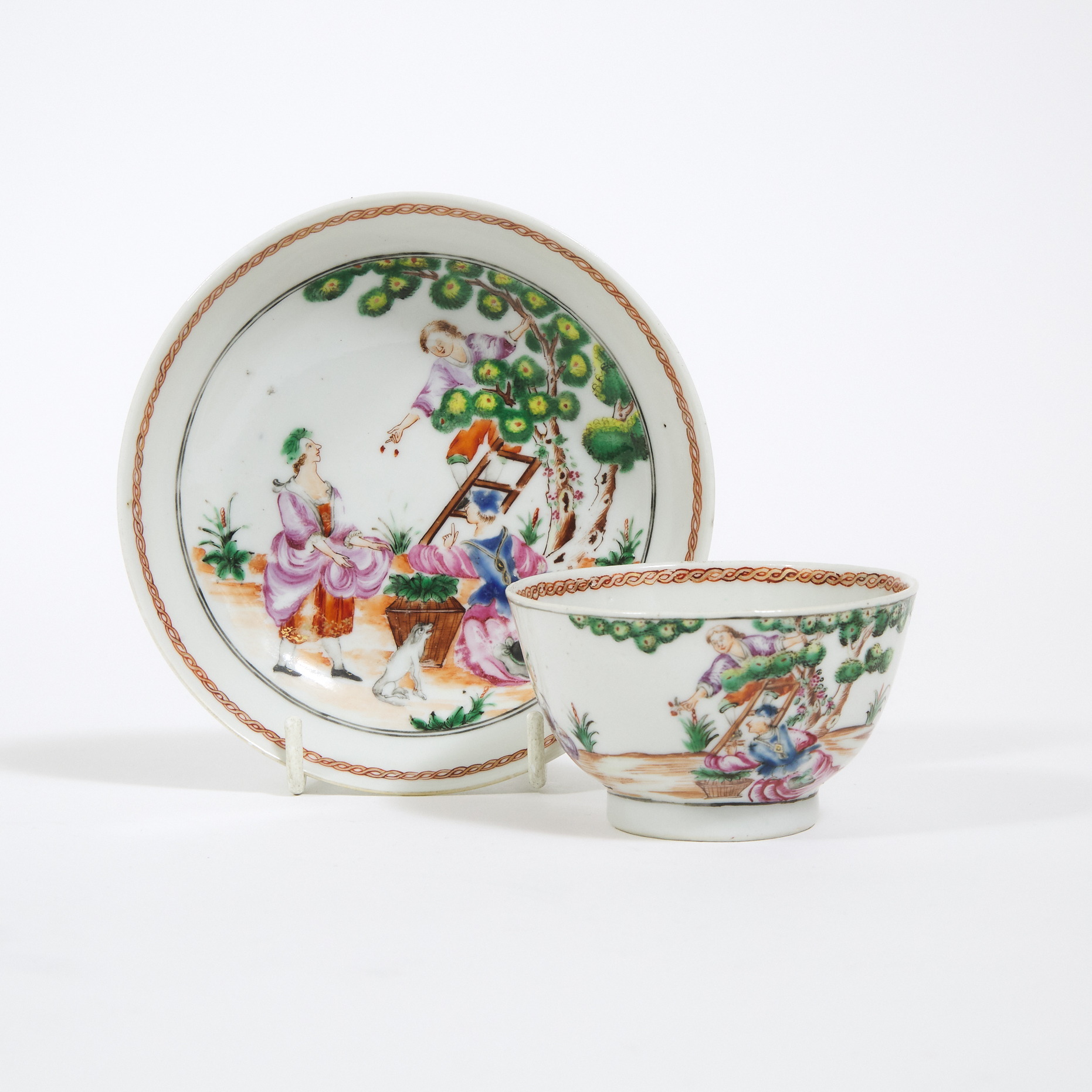 A Chinese Export 'European Subject' Cup and Saucer, Qianlong Period, 18th Century