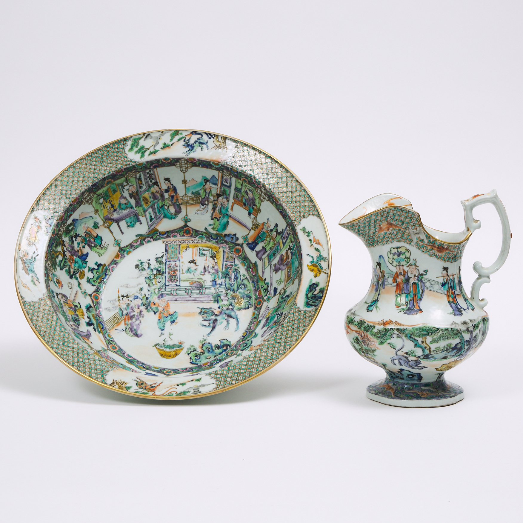 A Famille Verte Pitcher and Basin, 19th Century