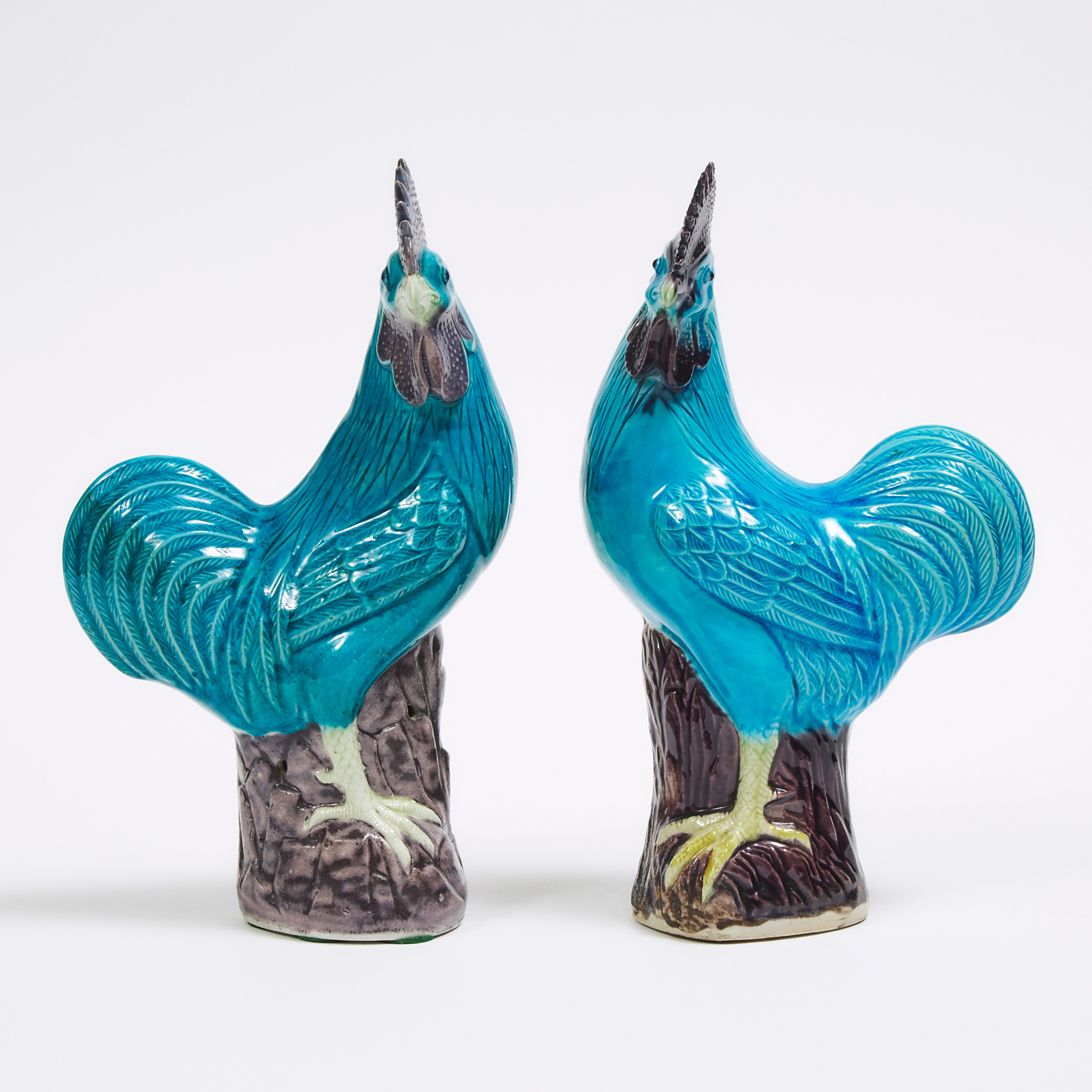 A Pair of Turquoise Glazed Porcelain Roosters, 19th Century or Later