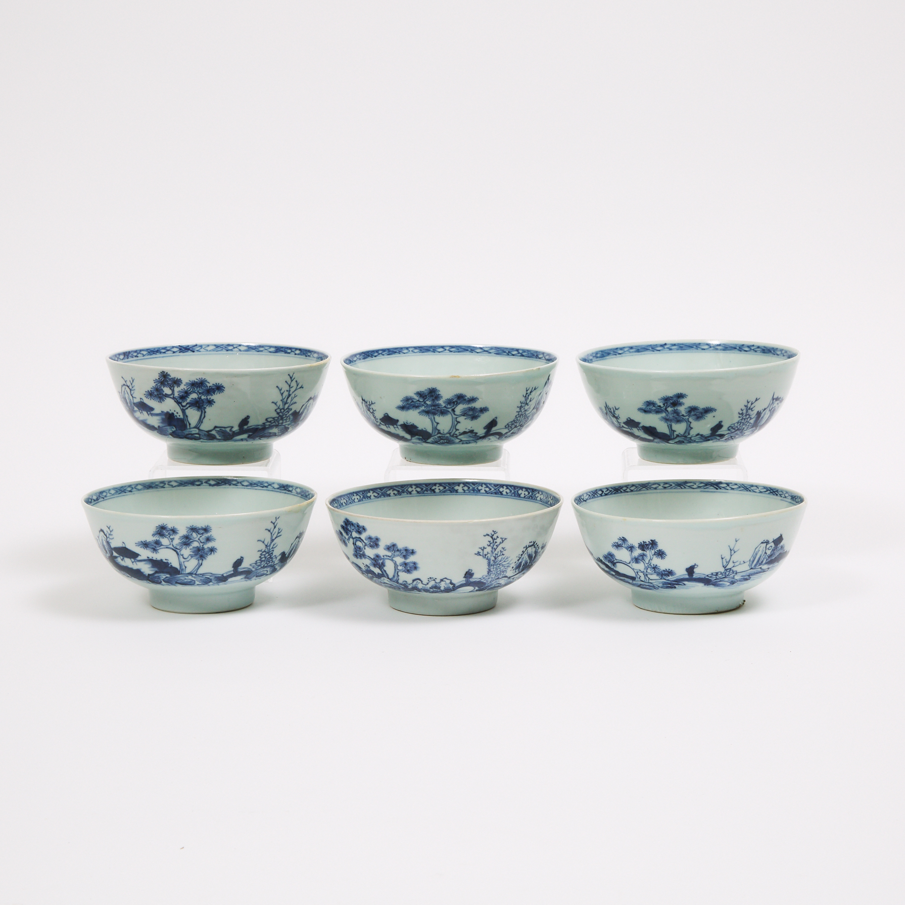 A Set of Six 'Scholar on Bridge' Pattern Small Bowls from the Nanking Cargo, Qianlong Period, Circa 1750