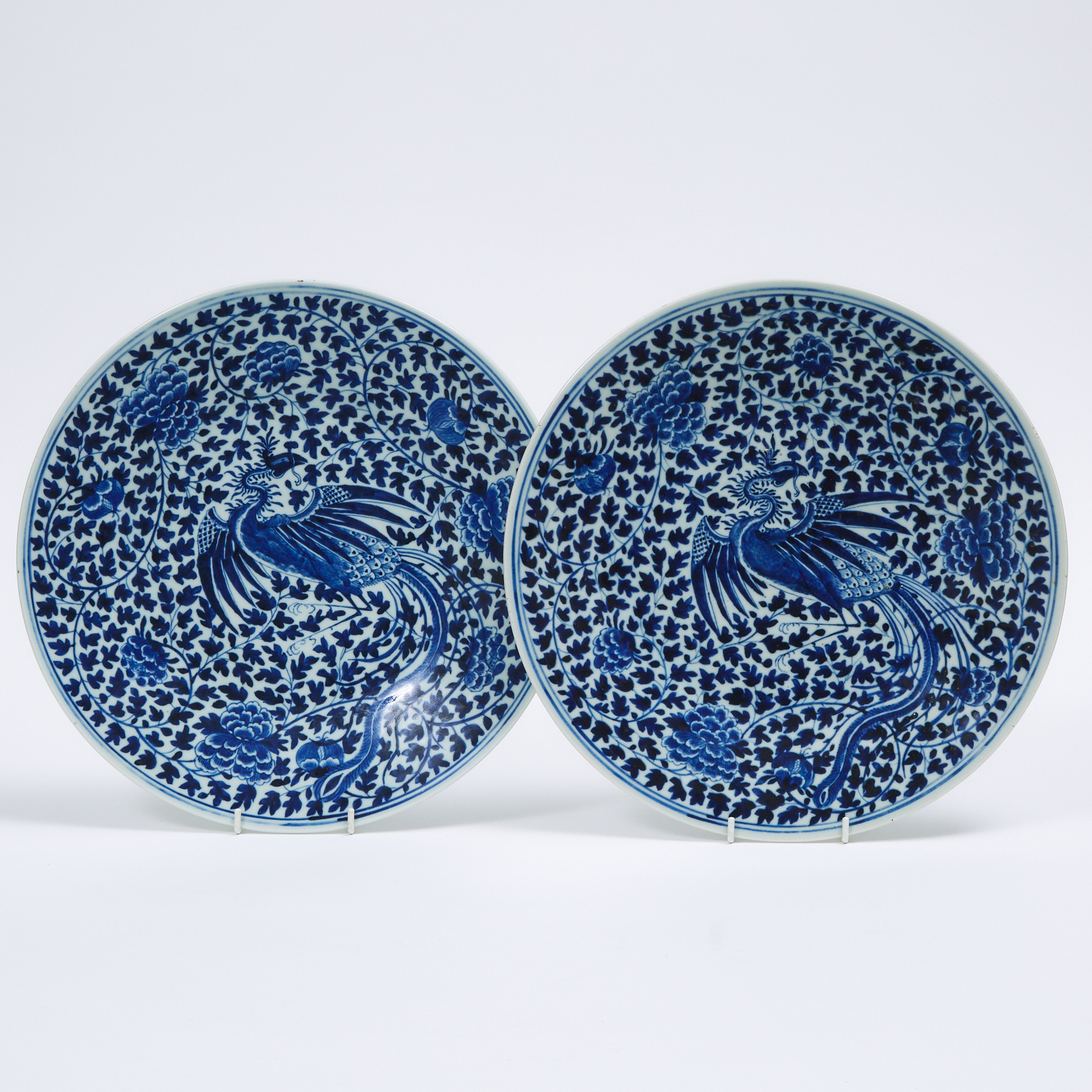 A Pair of Blue and White 'Phoenix' Chargers, Qianlong Mark, 19th Century
