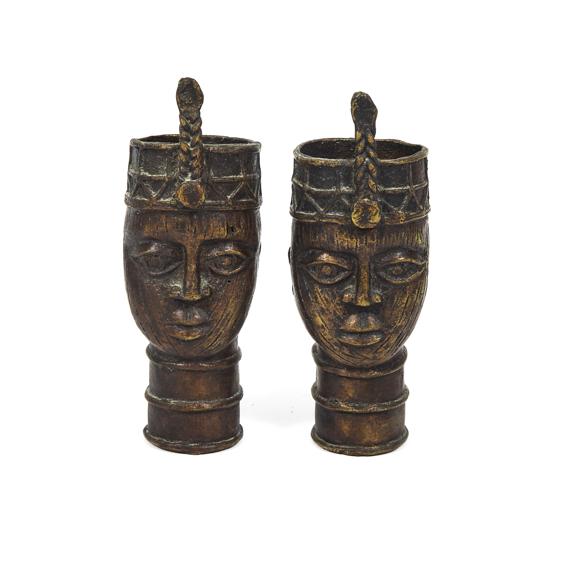 Pair of Benin Bronze Heads, Nigeria, West Africa