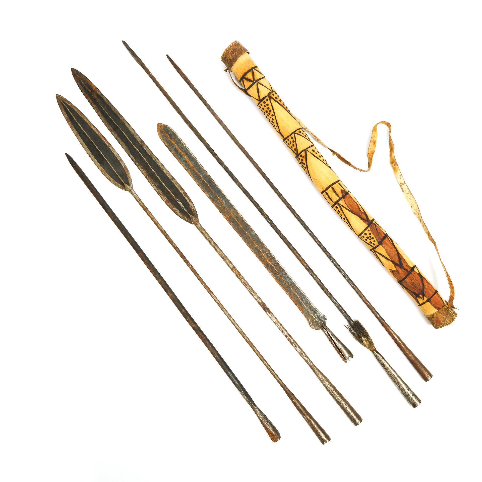 Three Pairs of Maasai Spear tips together with a quiver with three arrows 