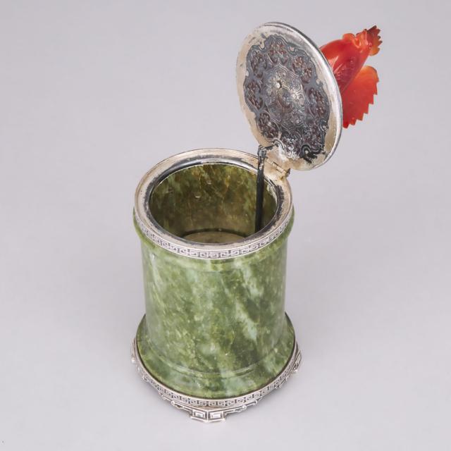 American Silver Mounted Carved Carnelian and Spinach Jade Cigarette Box, Lebkuecher & Co., Newark, N.J., early 20th century