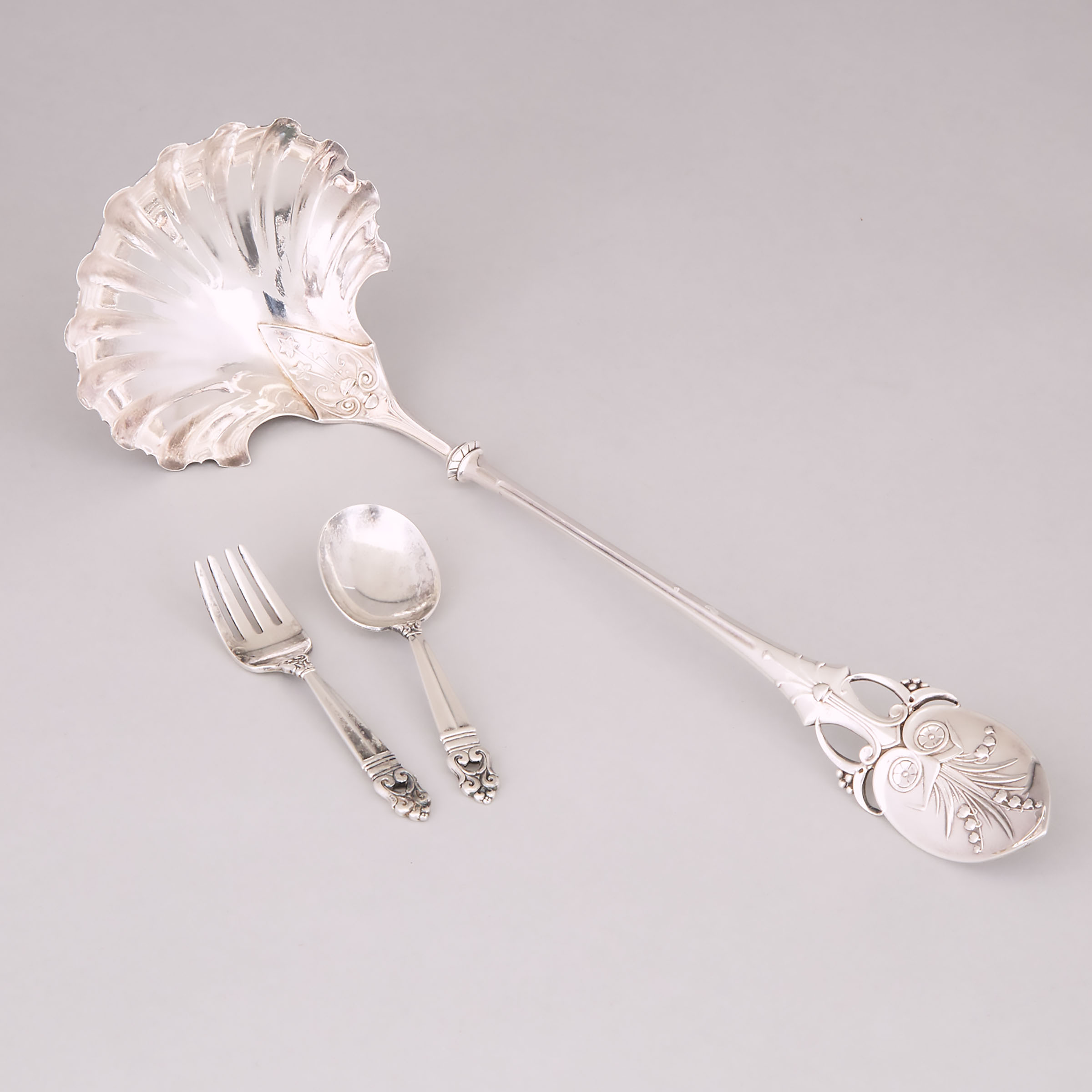 American Silver 'Lily' Pattern Punch Ladle, Gorham Mfg. Co., Providence, R.I., 1870s and a 'Royal Danish' Child's Spoon and Fork, International Silver Co., Meriden, Ct., 20th century