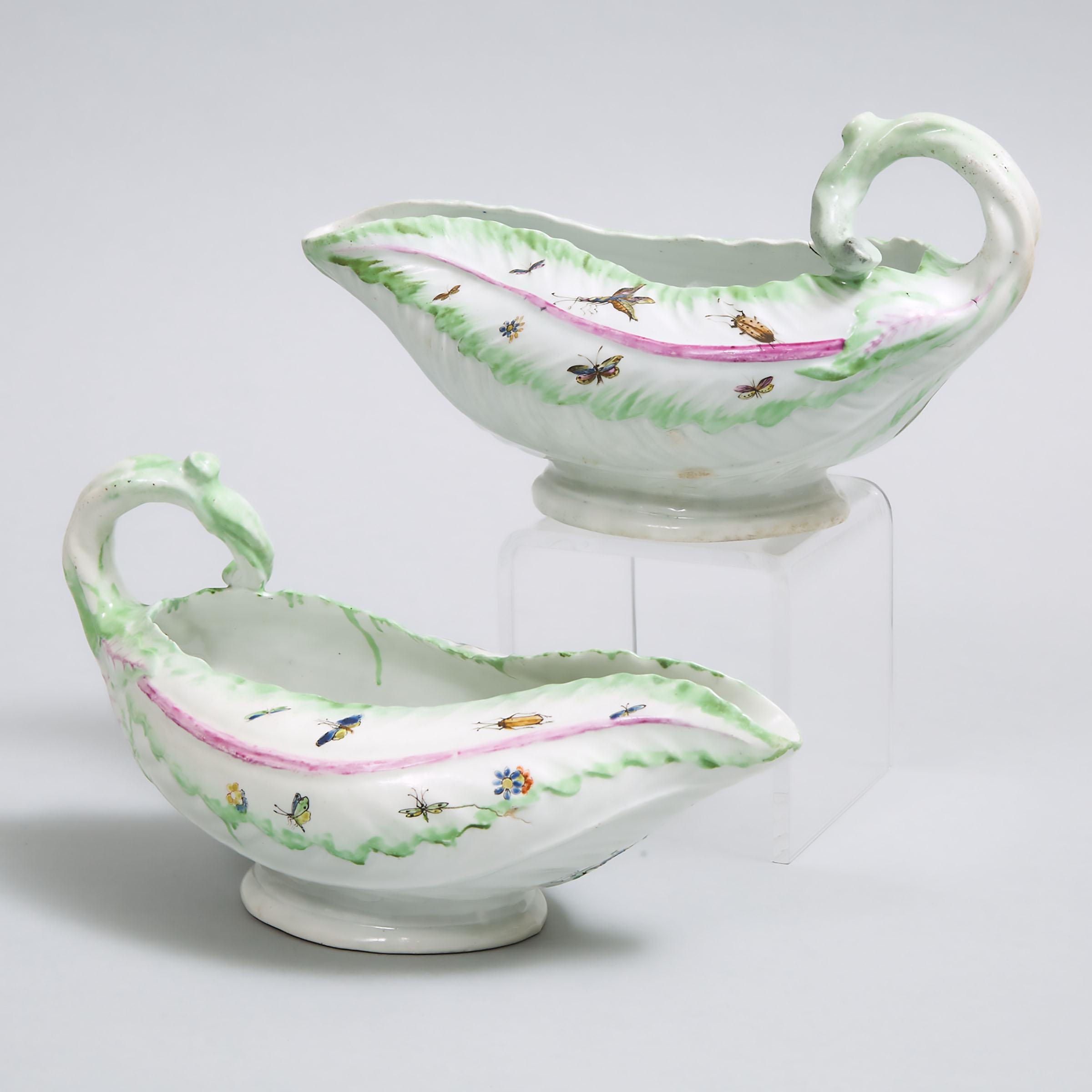 Pair of Worcester Cos Lettuce Leaf Sauce Boats, c.1760
