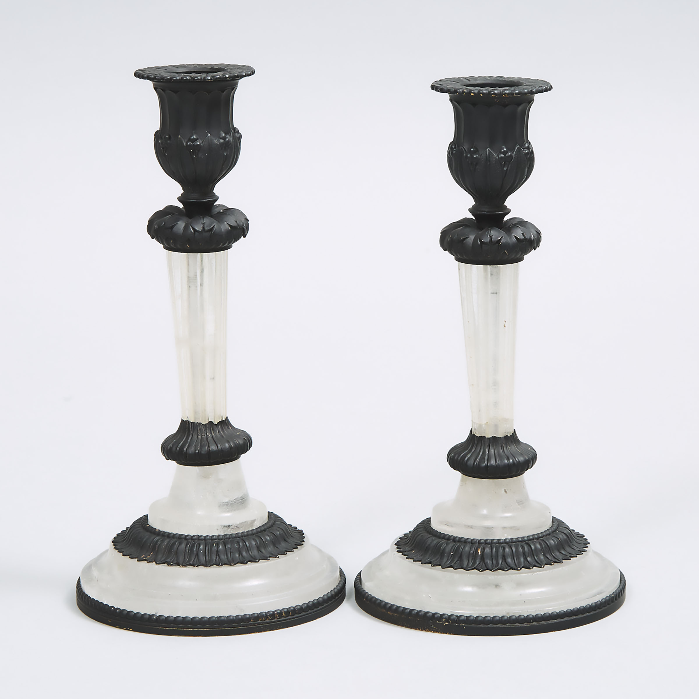 Pair of French Rock Crystal and Bronze Candlesticks, 20th century
