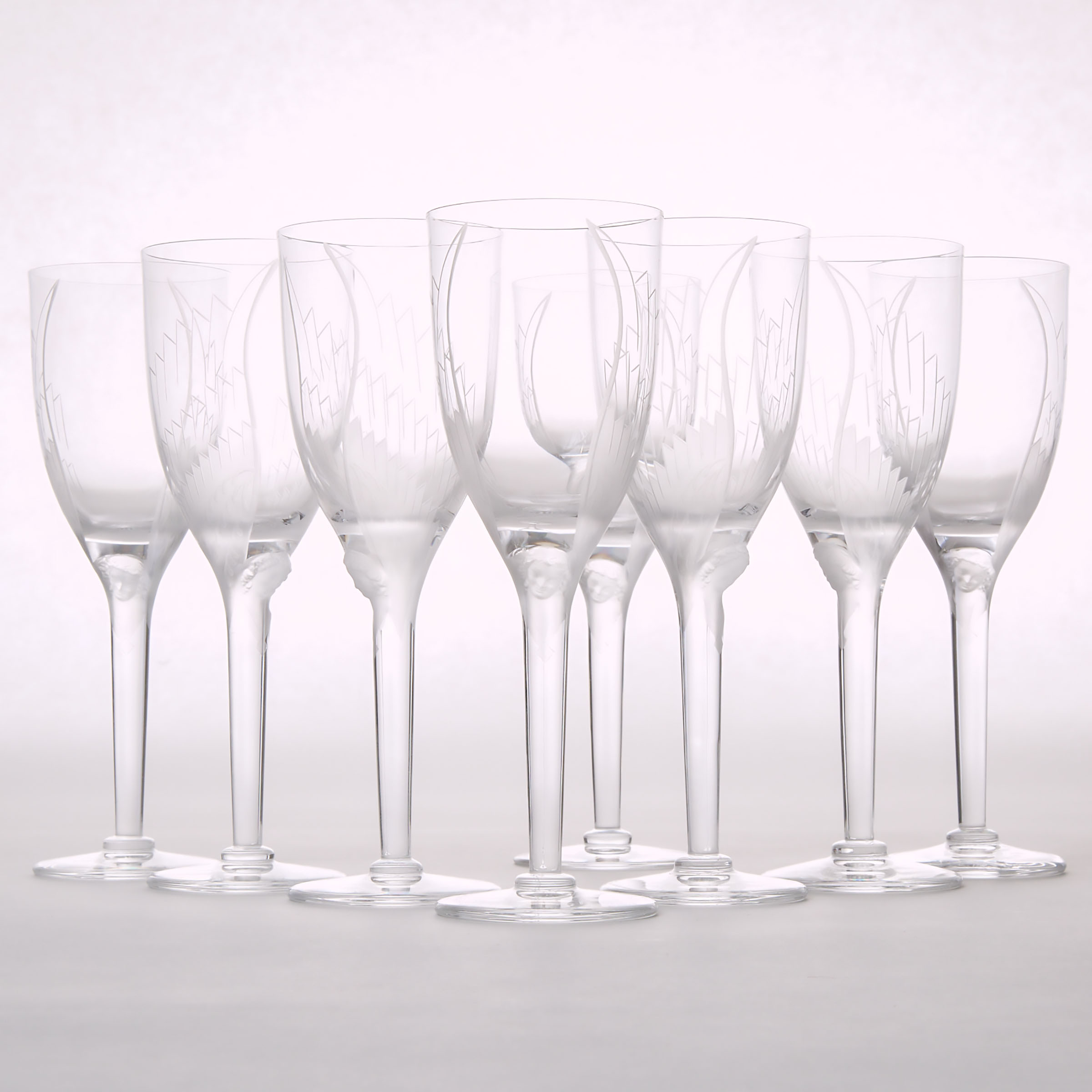 'Ange' Eight Lalique Moulded and partly Frosted Glass Champagne Flutes, post-1945