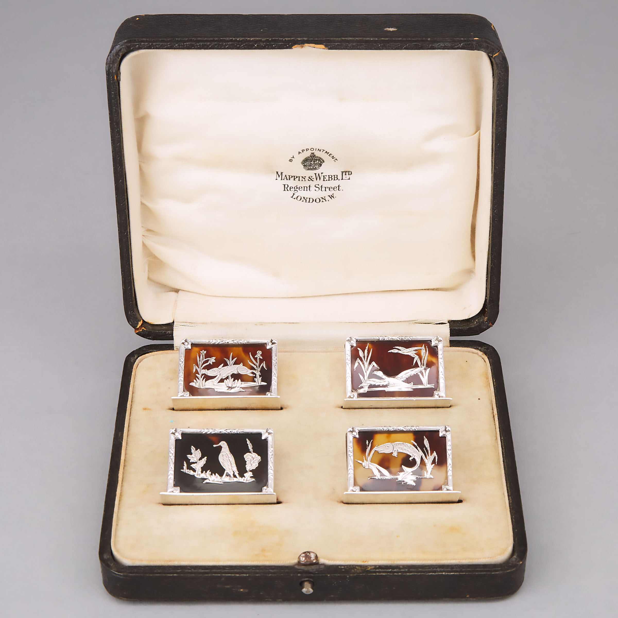 Set of Four English Engraved Silver and Tortoiseshell Game Place-Card Holders, Charles & Richard Comyns, London, 1919