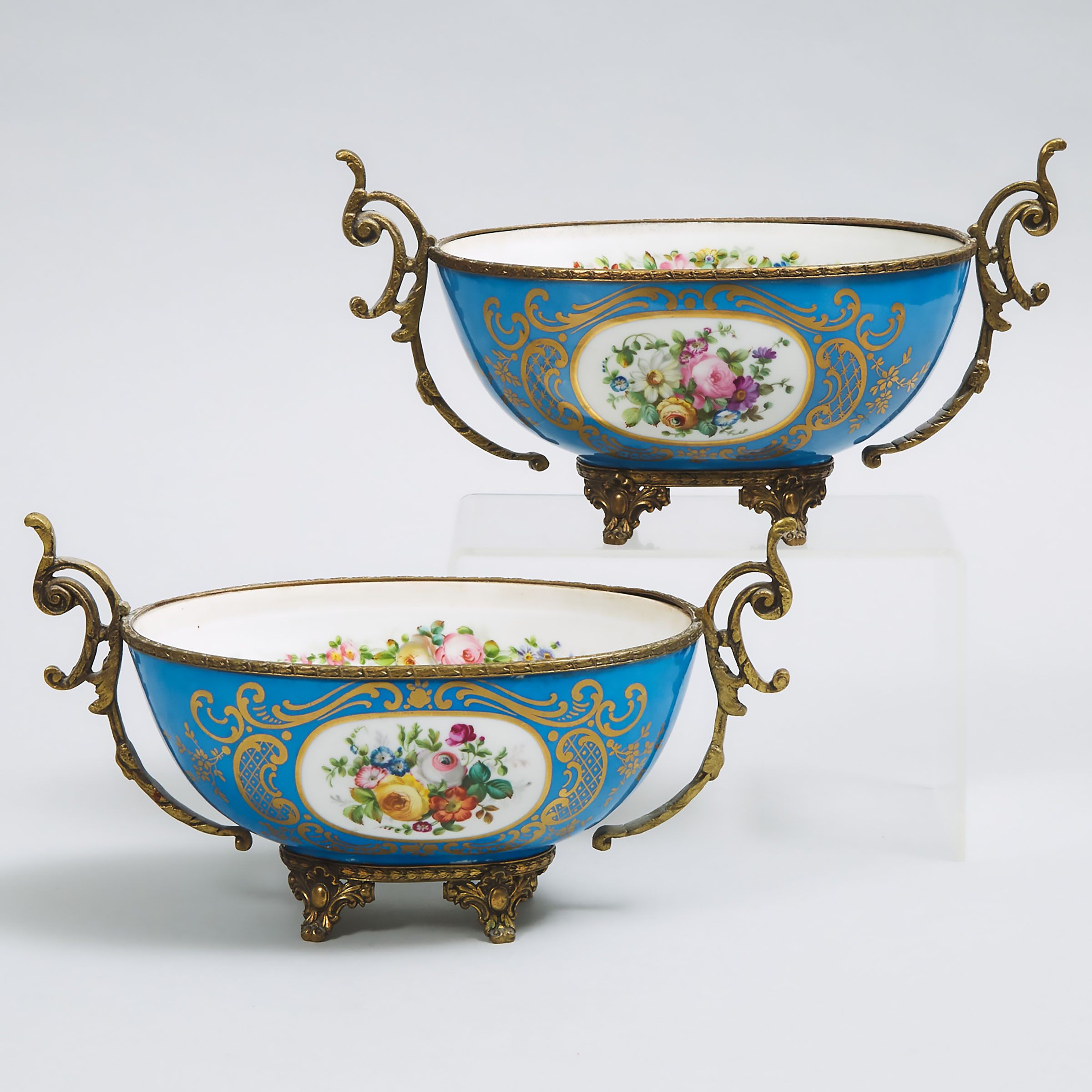 Pair of Gilt-Metal Mounted 'Sèvres' Oval Bowls, 20th century