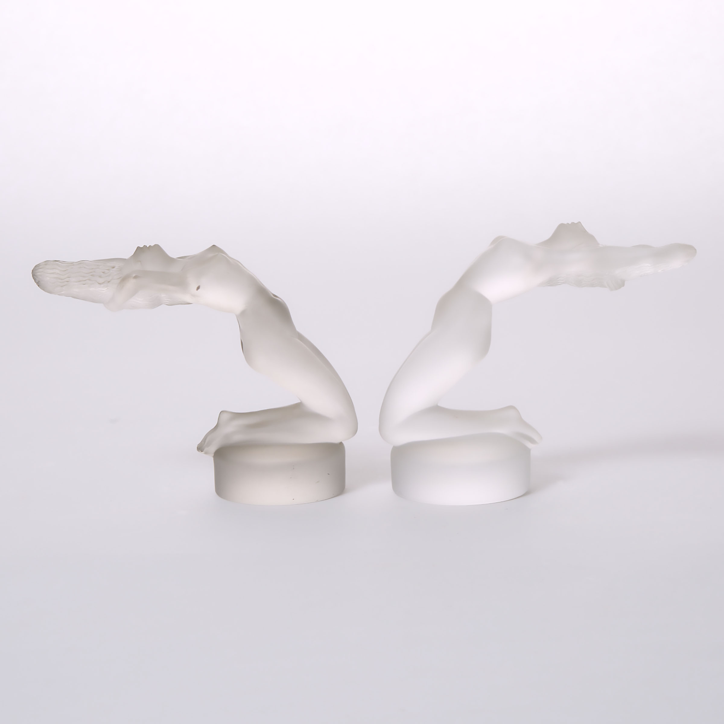 'Chrysis', Pair of Lalique Moulded and Frosted Glass Figures, post-1945