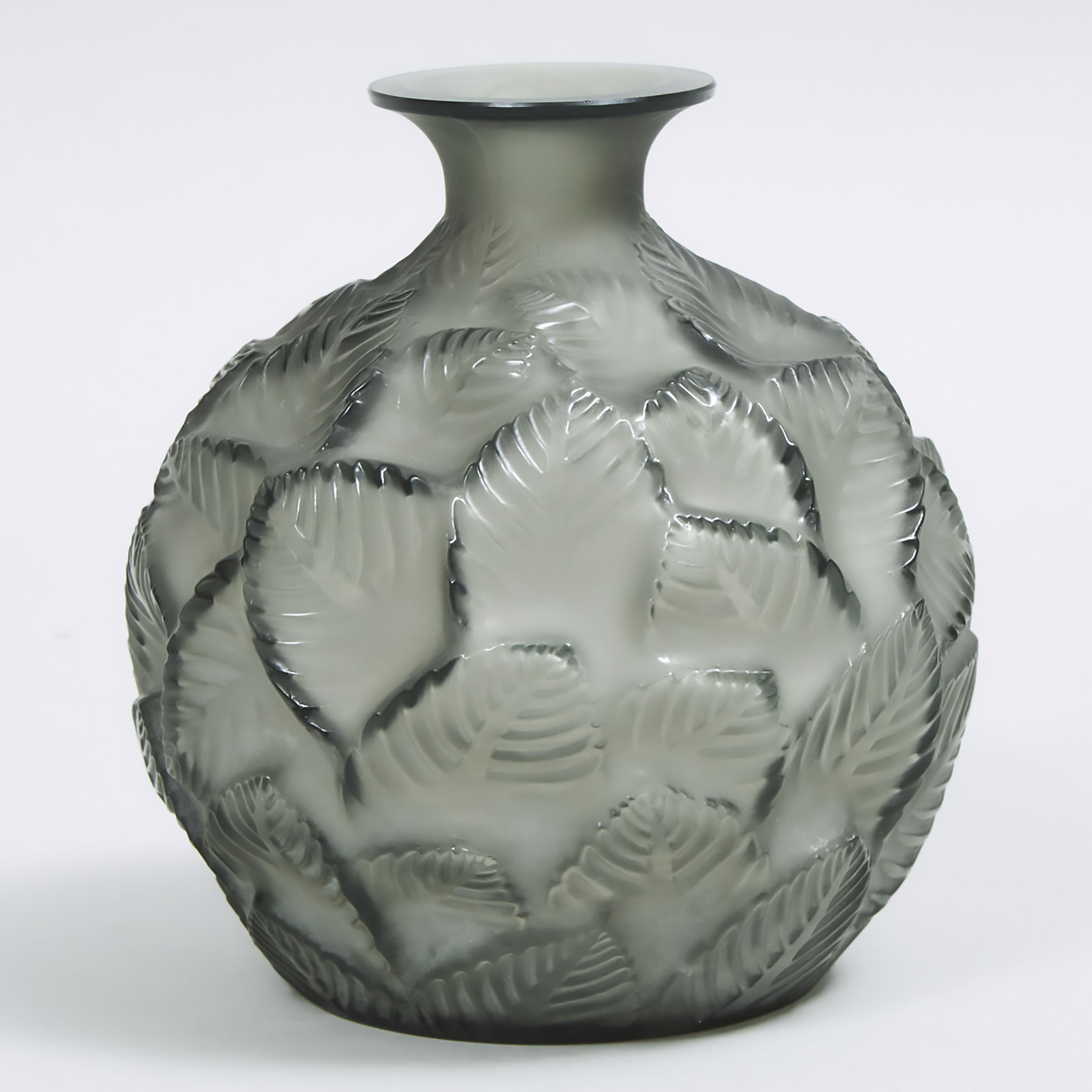 ‘Ormeaux’, Lalique Moulded and Frosted Grey Glass Vase, c.1930