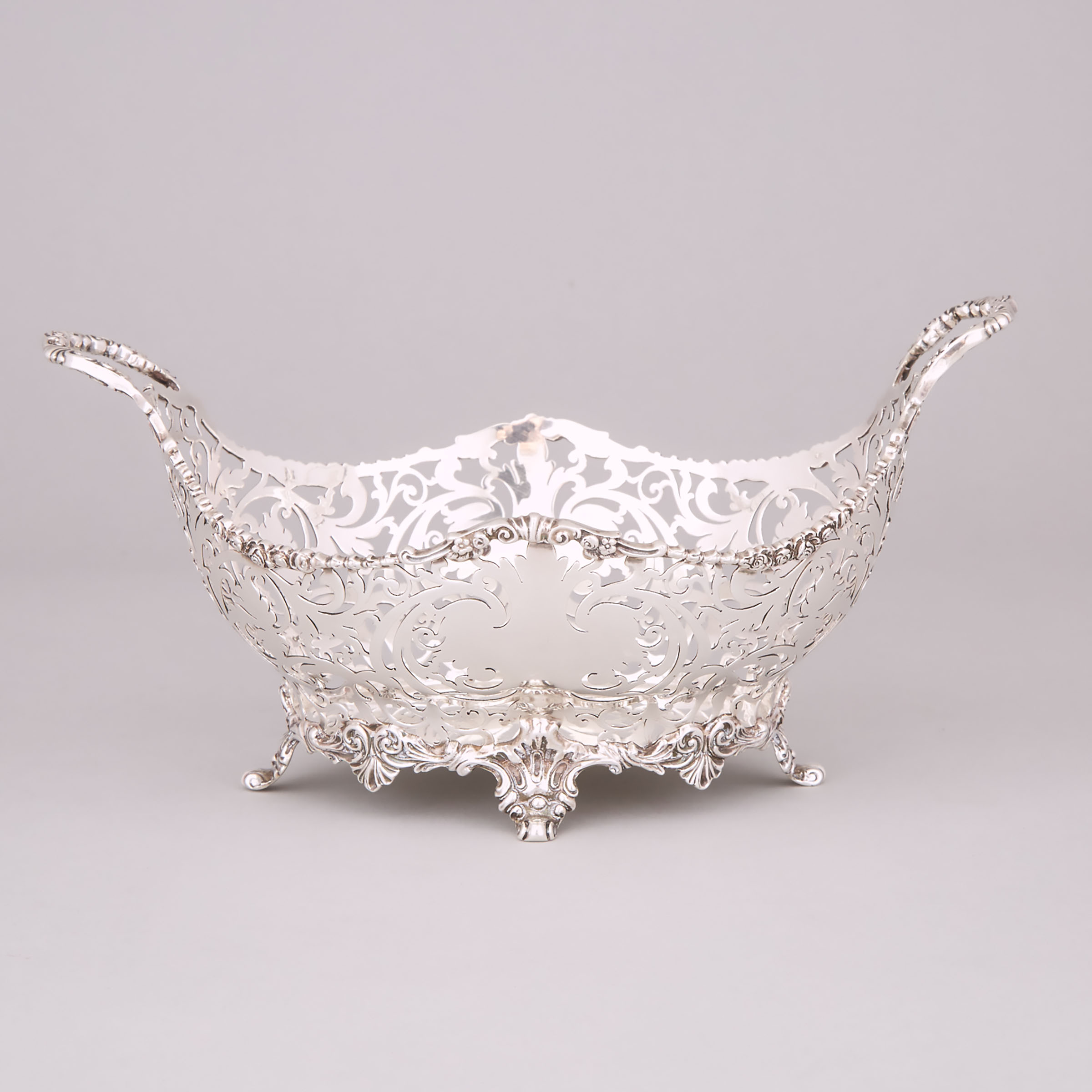 English Silver Pierced Oval Two-Handled Basket, for Henry Birks, Josiah Williams & Co., London, 1919