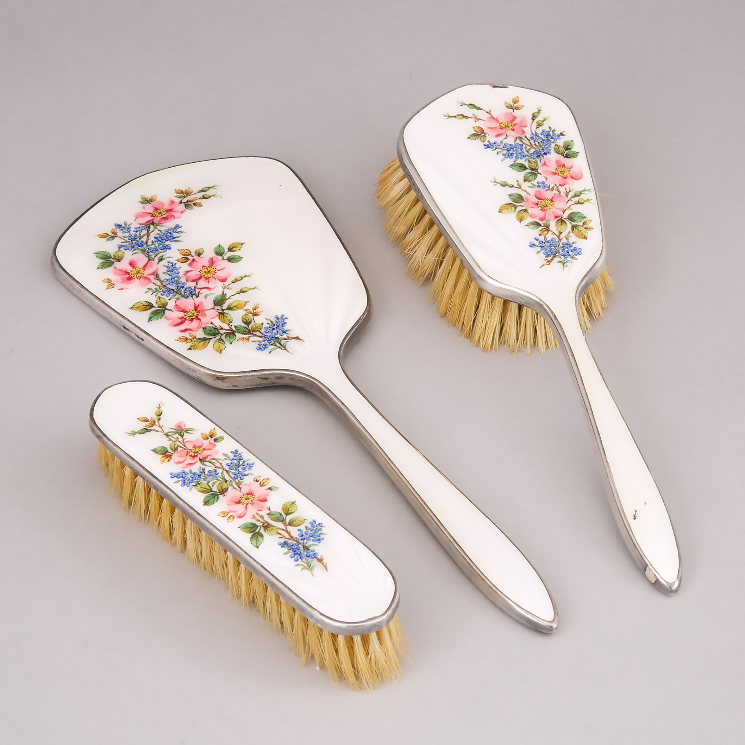 English Enameled Silver Mounted Hand Mirror and Two Brushes, Henry Clifford Davis, Birmingham, 1940/41