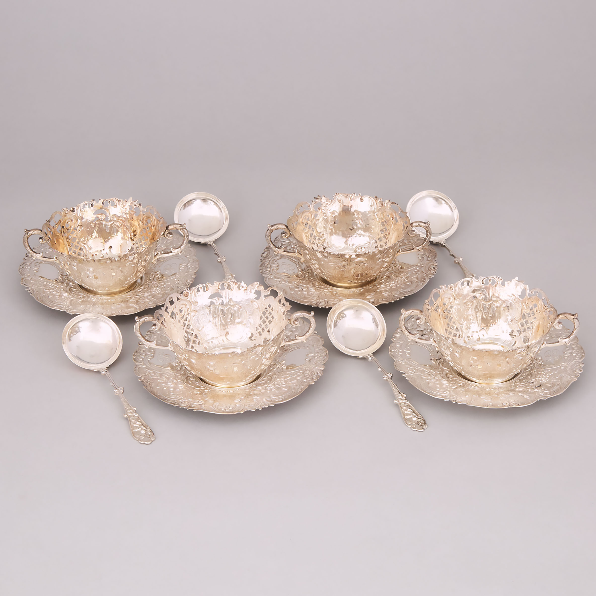 Four German Silver Soup Cups with Stands and Spoons, possibly Wolf & Knell, Hanau, early 20th century