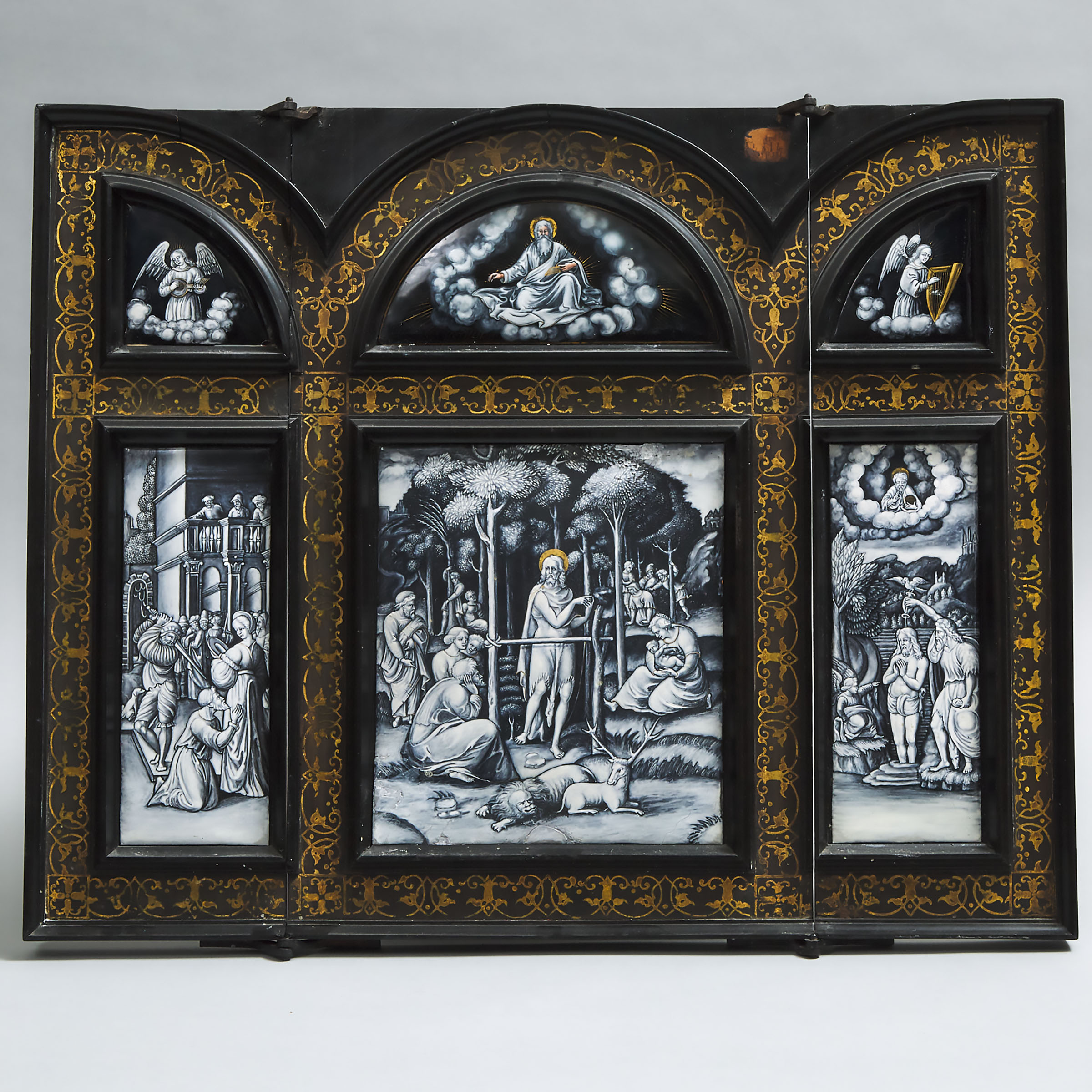 Large 16th century Style Limoges Enamel Triptych Panel Depicting Scenes from the LIfe of John the Baptist, 19th century