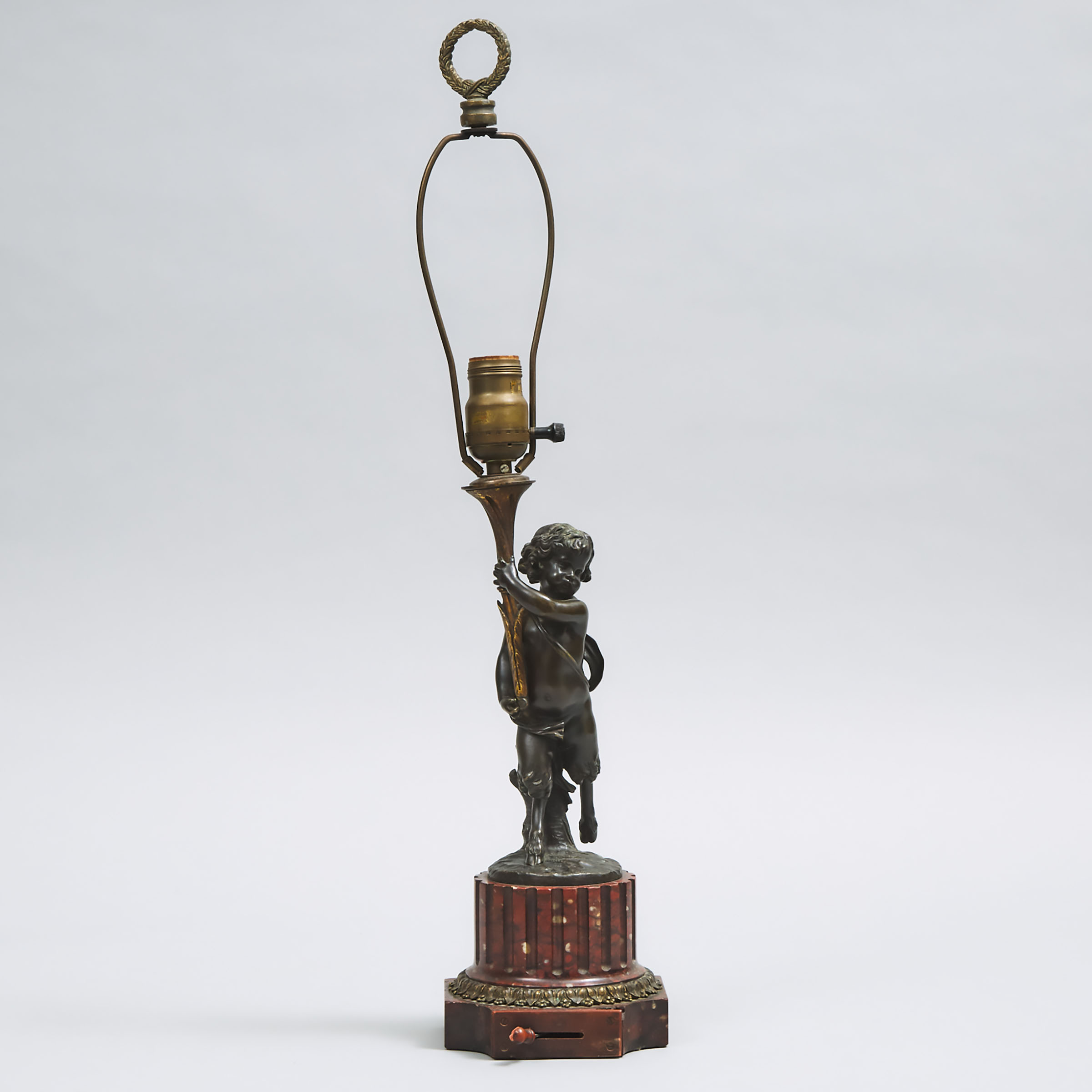 French Neoclassical Gilt and Patinated Bronze Cherubic Figural Table Lamp, early 20th century