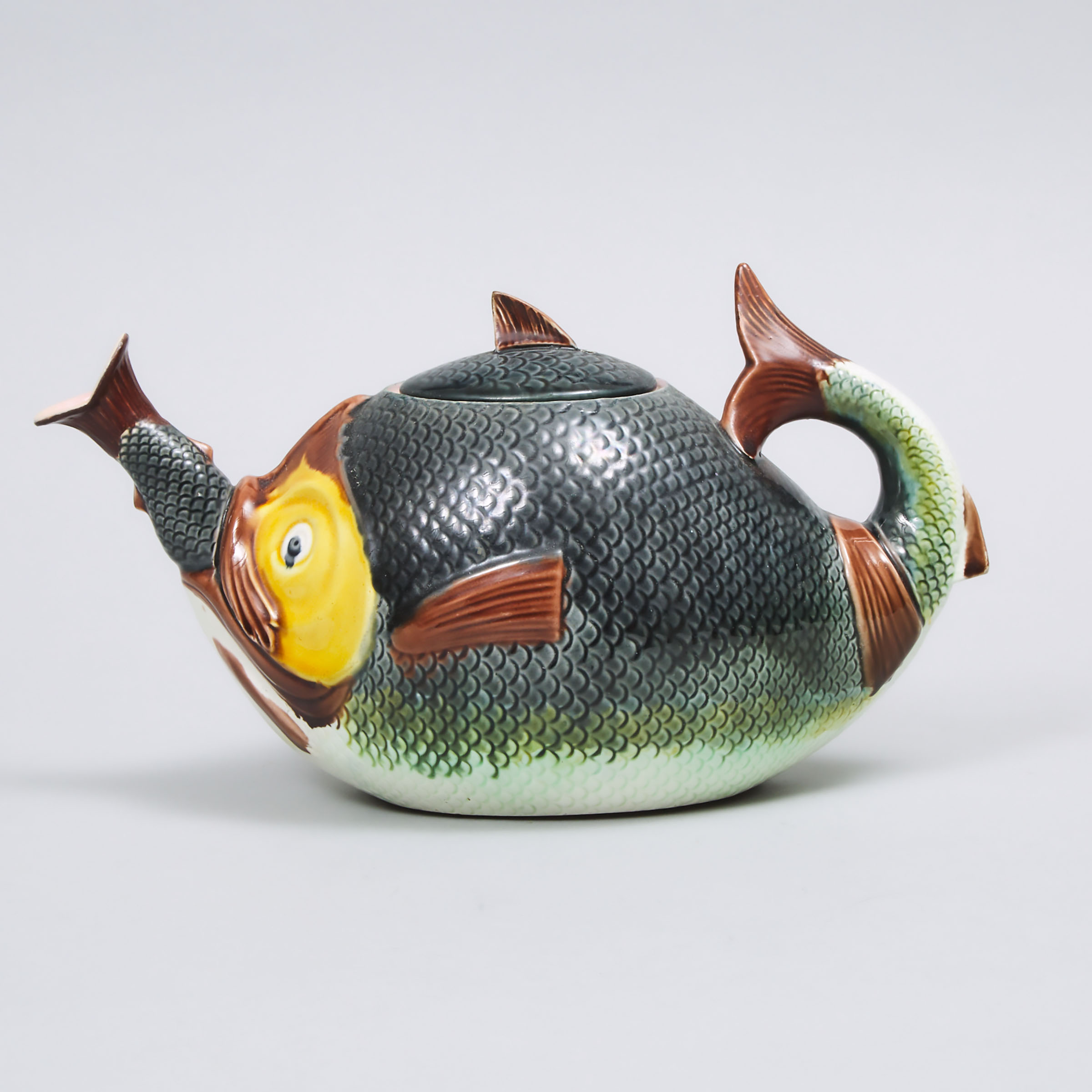 Continental Majolica Fish Teapot, late 19th century