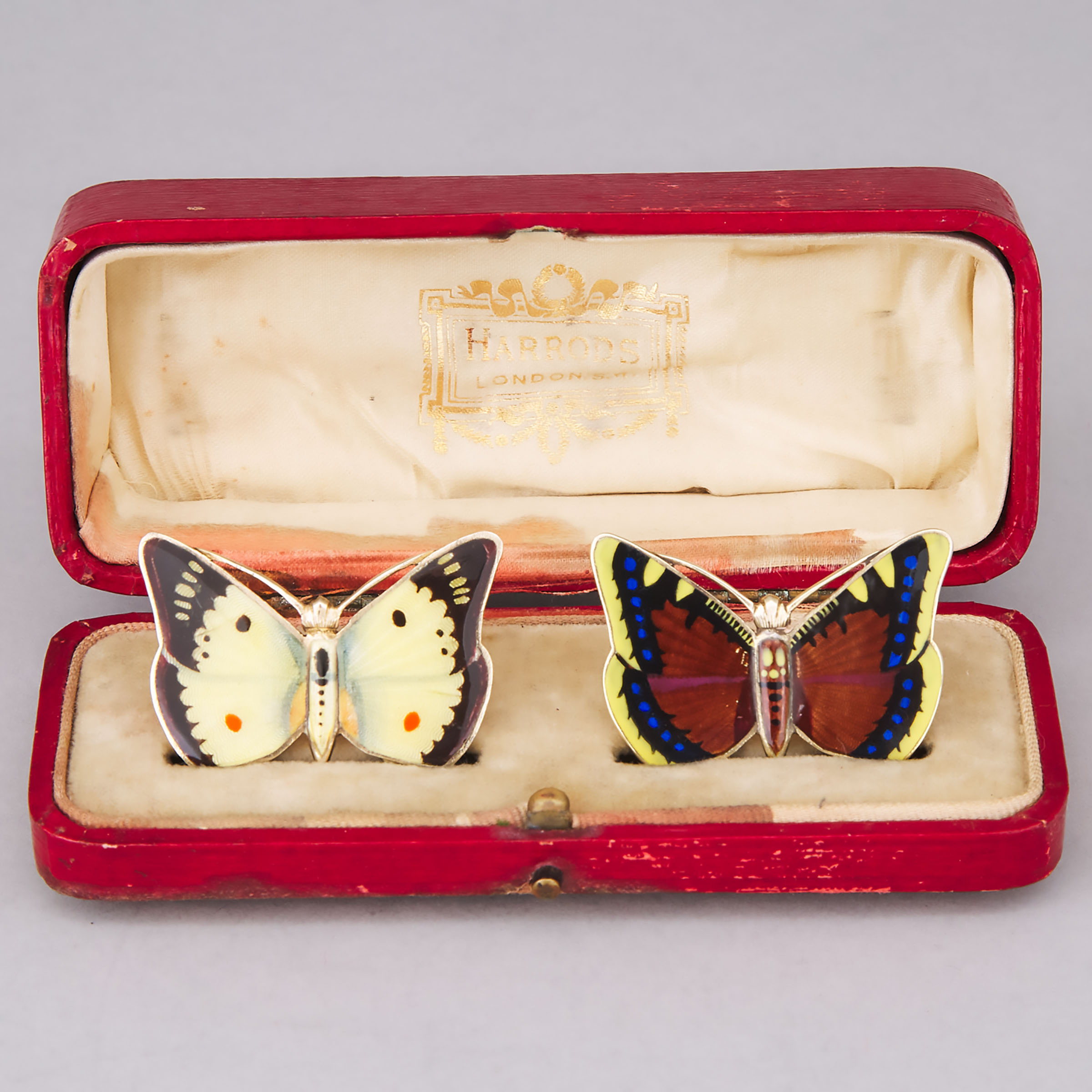 Pair of English Enameled Silver-Gilt Butterfly Place-Card Holders, Cohen & Charles, London, 1911