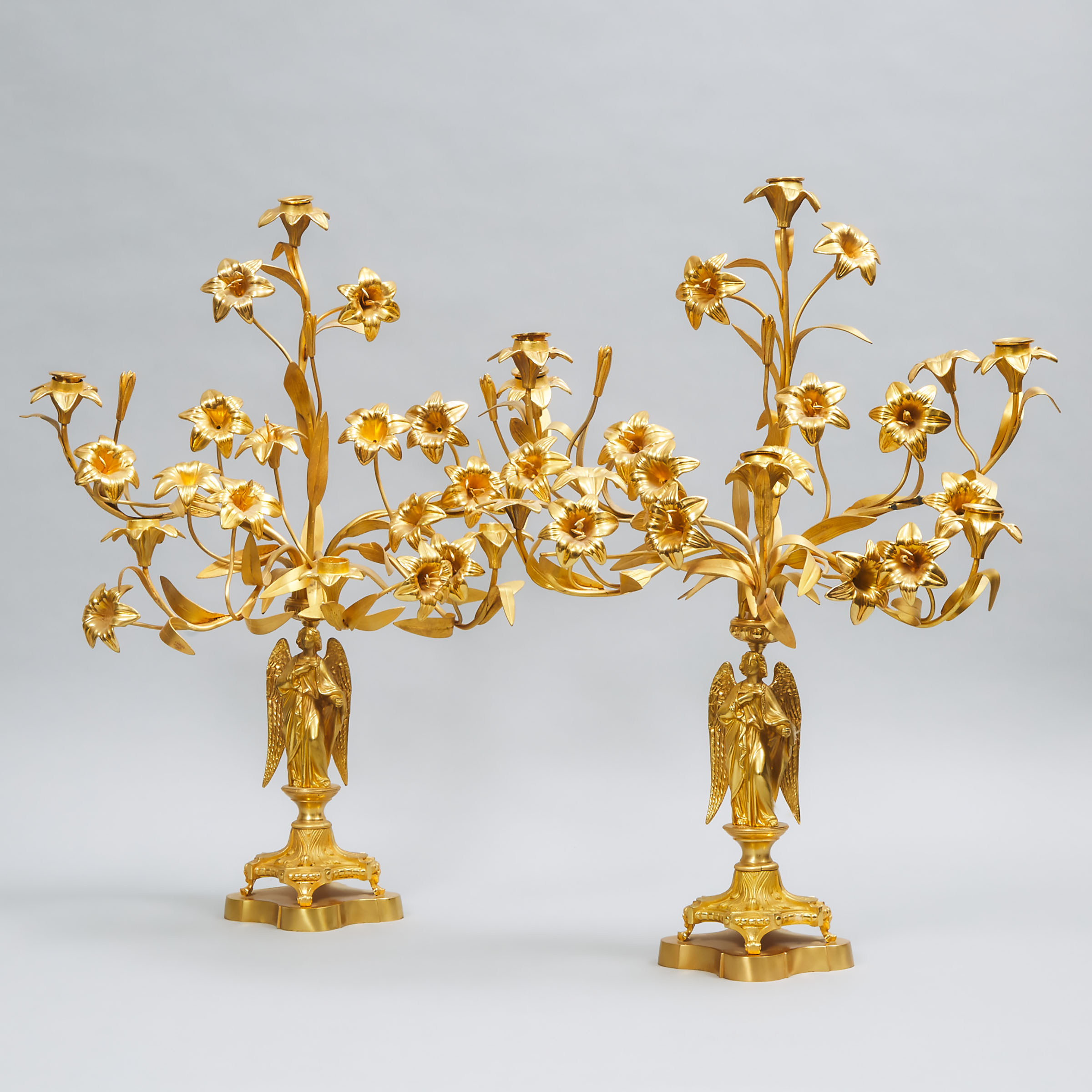 Pair of French Neo Gothic Gilt Bronze Figural Candelabra, mid 20th century