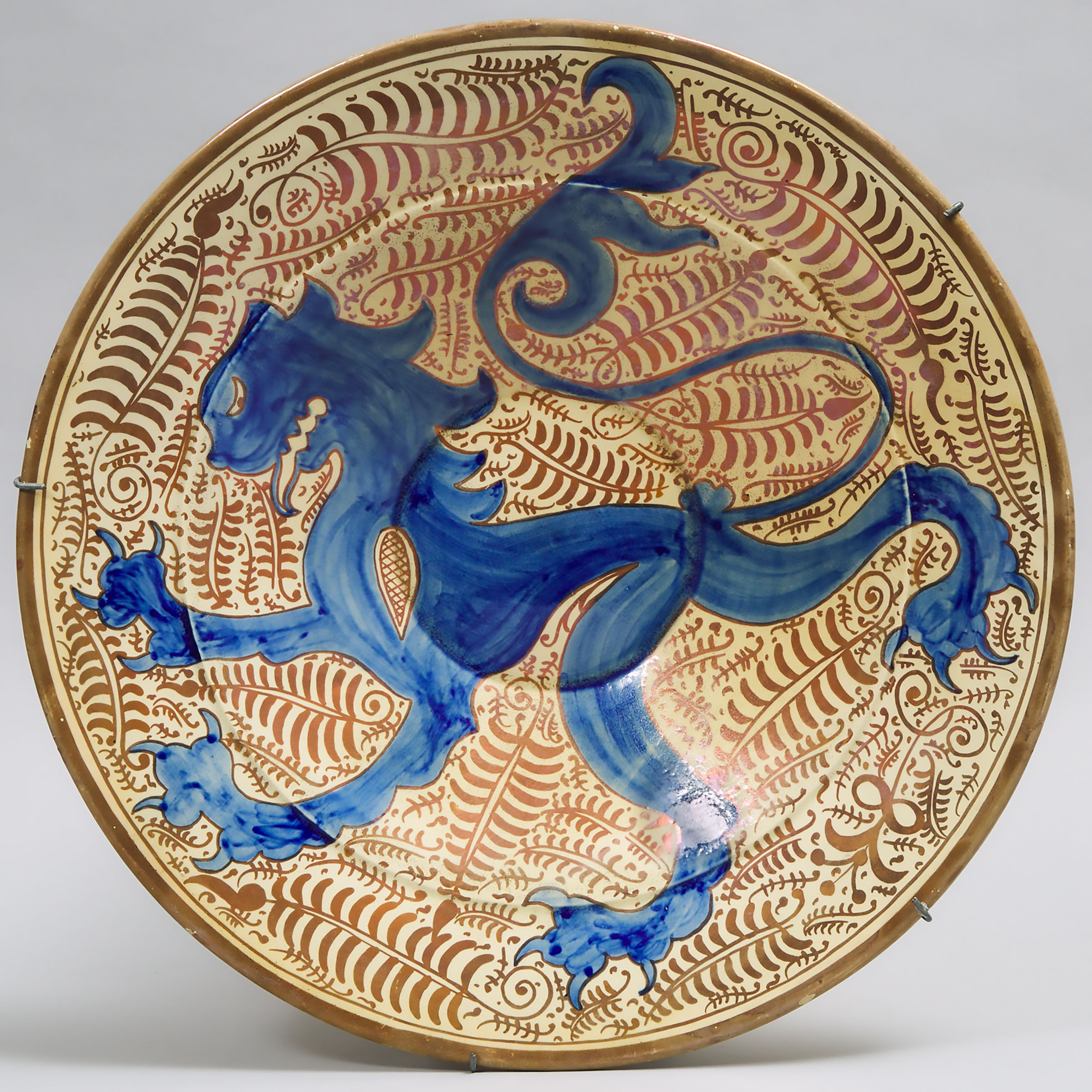 Hispano-Moresque Copper Lustre and Blue Painted Charger, c.1900