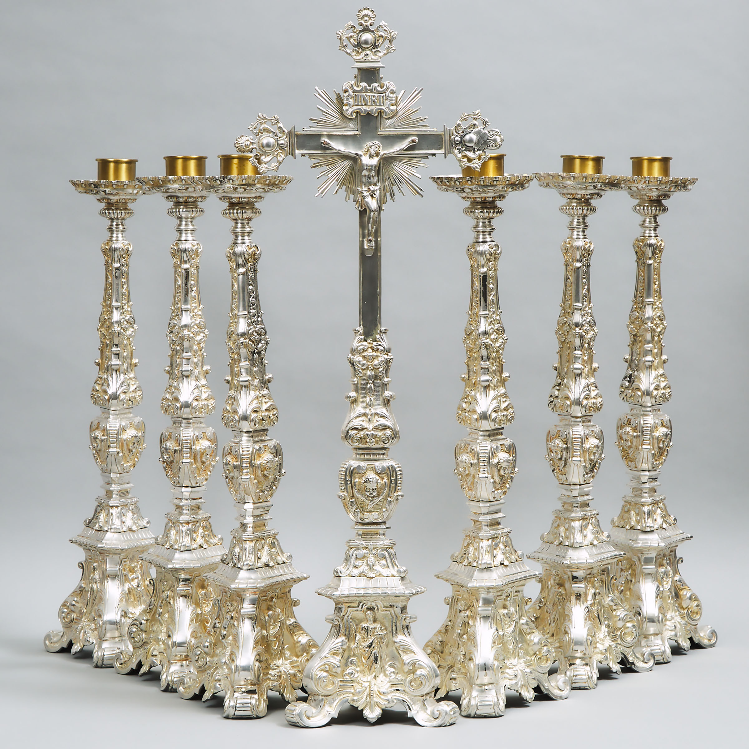 French Seven Piece Silvered Bronze Ecclesiastical Altar Garniture, early 20th century