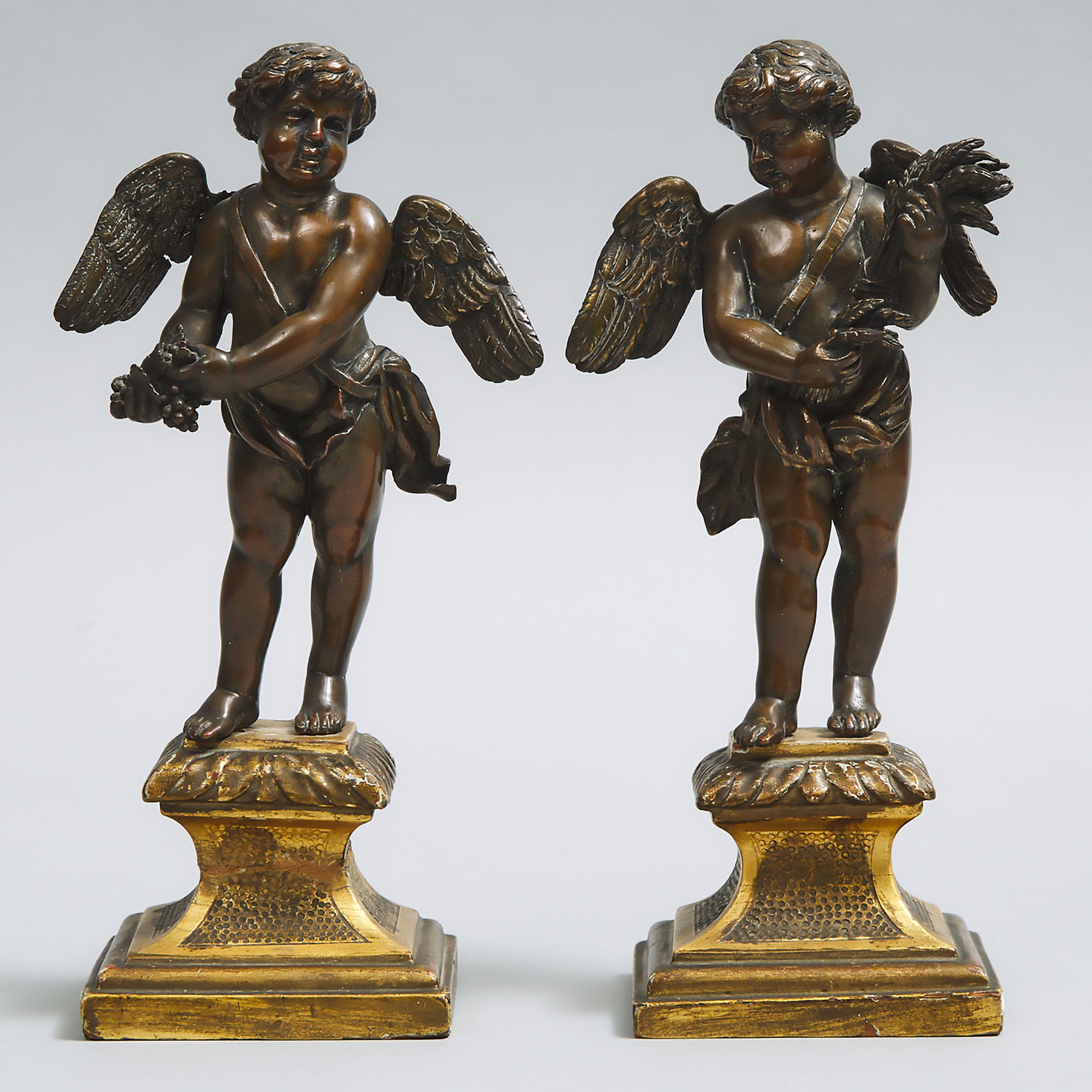 Pair of Italian Patinated Bronze Allegorical Cherubic Figures of Summer and Autumn, 18th/19th century
