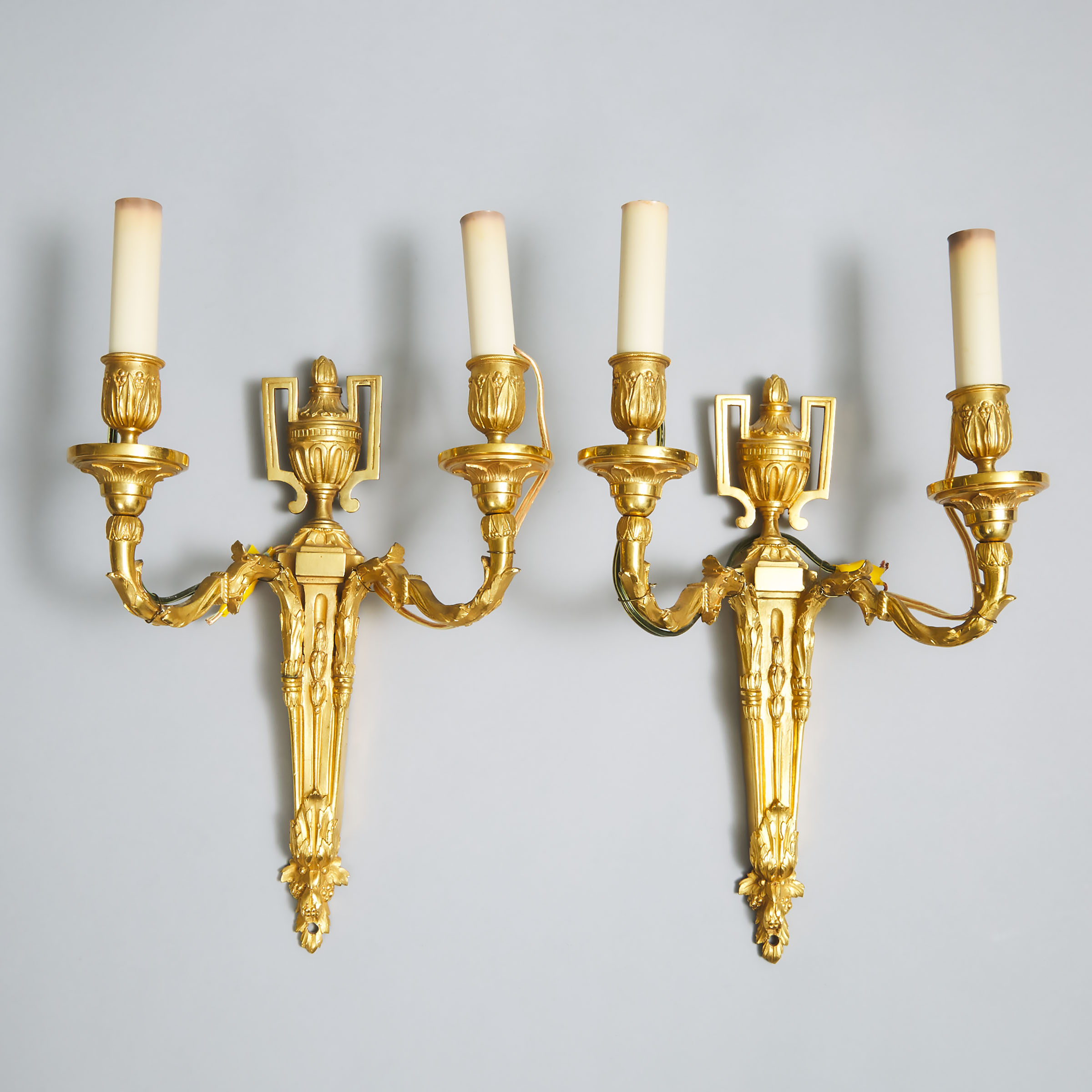 Pair of French Neoclassical Gilt Bronze Two Candle Wall Sconces, 20th century
