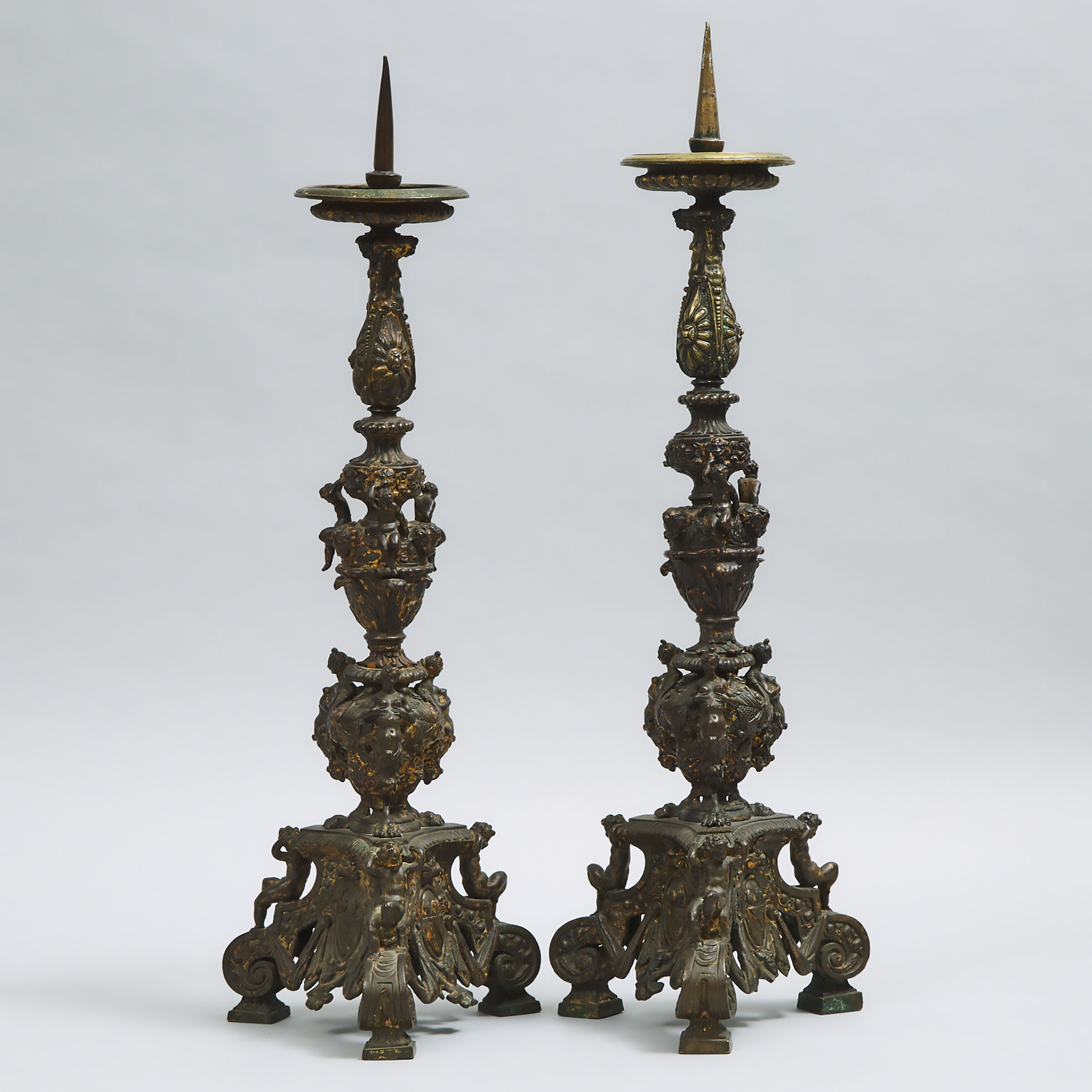 Pair of North Italian Renaissance Style Bronze Pricket Candlesticks, 19th century