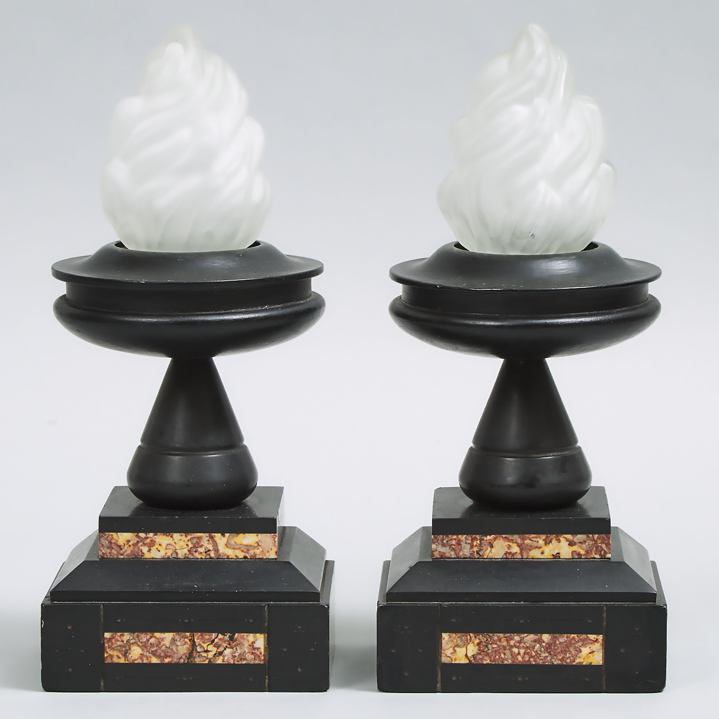Pair of French Black Belgian Marble Mantle Garniture Tazzas, 19th century