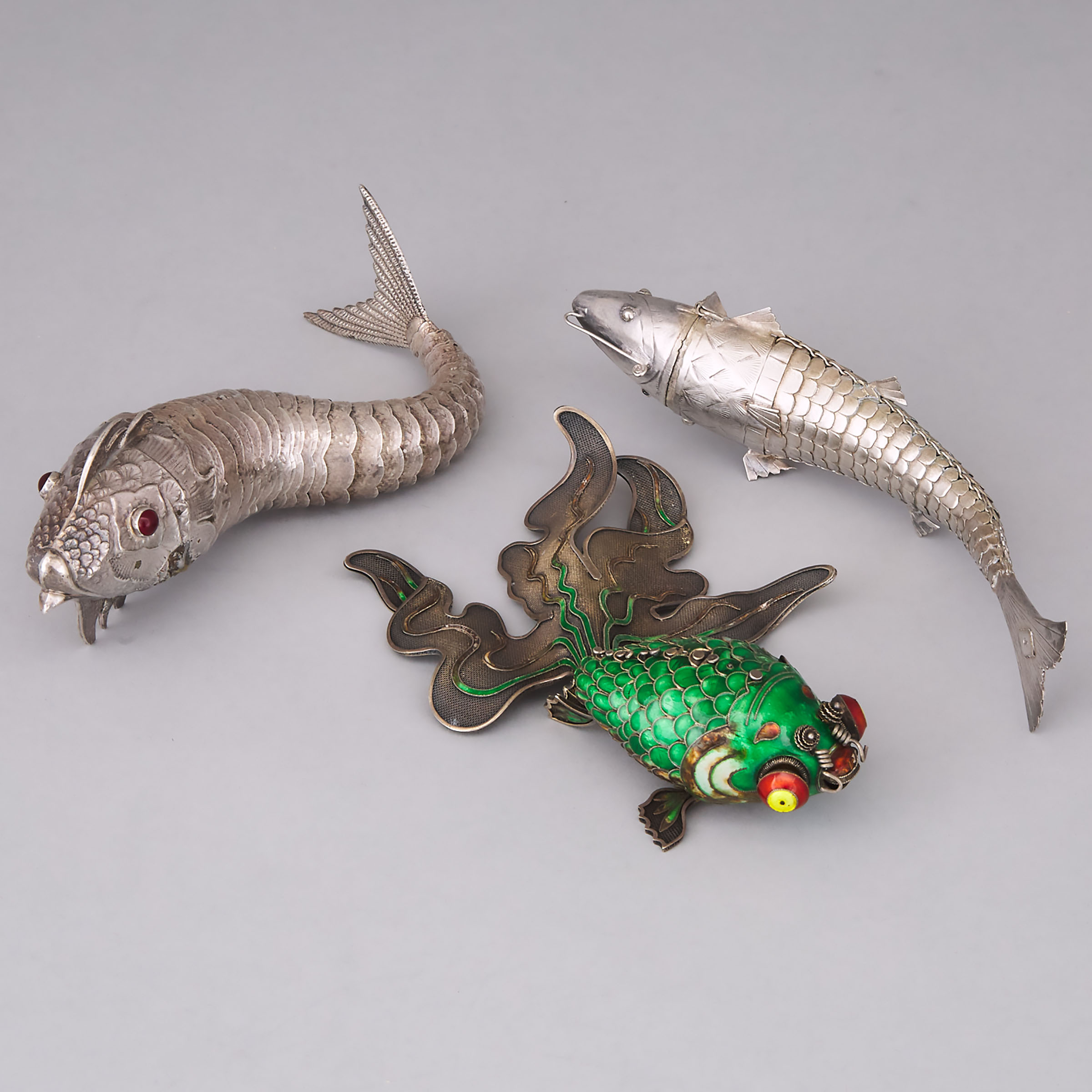 Three Eastern Silver Articulated Fish, 20th century