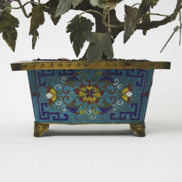 A Pair of Chinese Cloisonné Jardinieres with Hardstone Trees, Early 20th Century