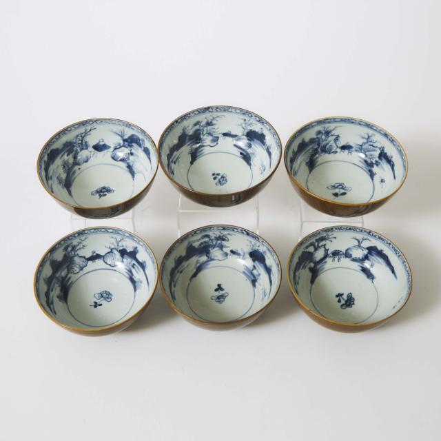 A Set of Six 'Batavian' Landscape Bowls from the Nanking Cargo, Qianlong Period, Circa 1750