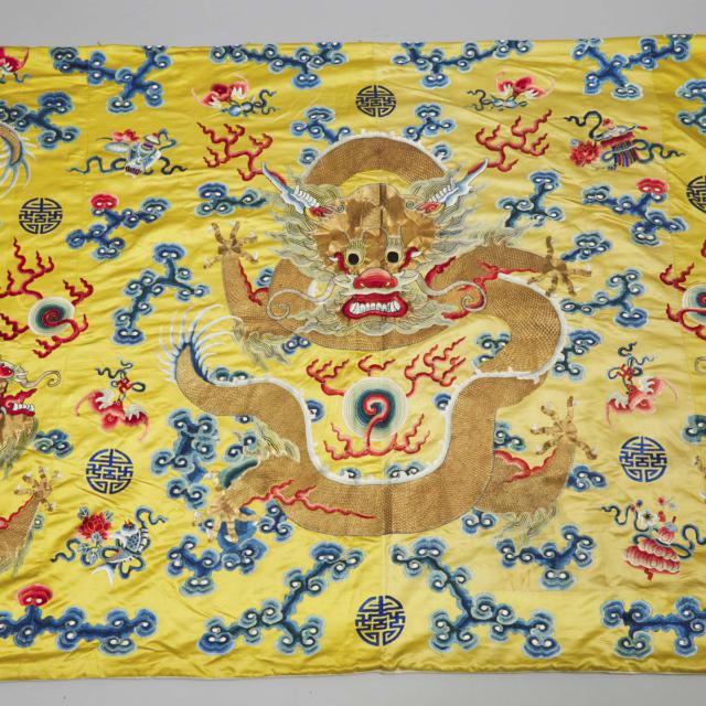 A Large Chinese Yellow Embroidered Silk 'Dragon' Hanging, 19th Century