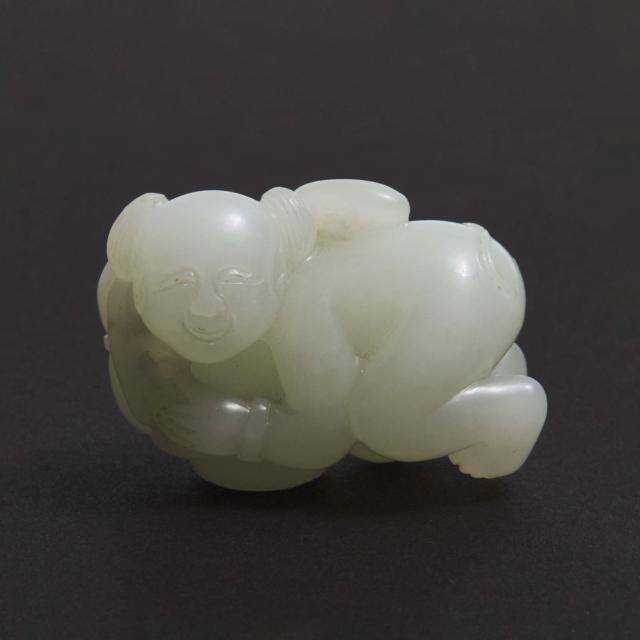 A Fine White Jade 'Boy and Lingzhi' Carving, Qing Dynasty