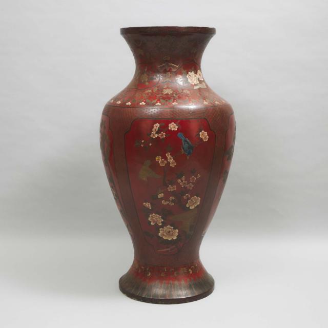 A Large Chinese Red Lacquer 'Three Friends of Winter' Floor Vase, Qing Dynasty, 19th Century