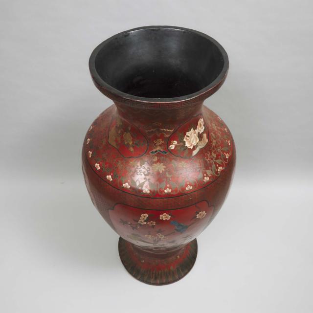 A Large Chinese Red Lacquer 'Three Friends of Winter' Floor Vase, Qing Dynasty, 19th Century