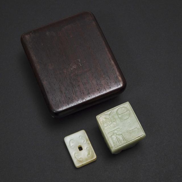 A Jade-Inset Box, together with a Jade Seal and Plaque 