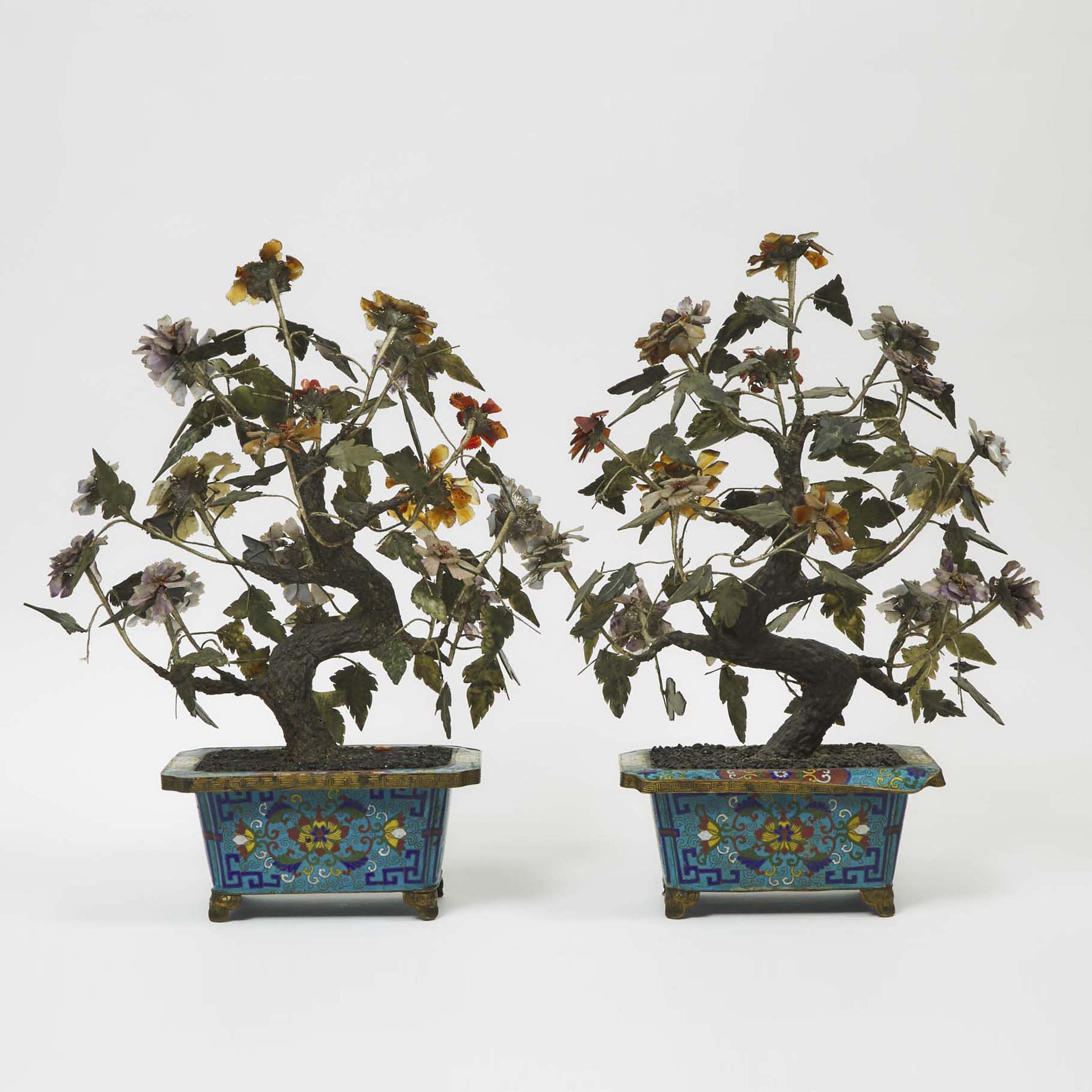A Pair of Chinese Cloisonné Jardinieres with Hardstone Trees, Early 20th Century