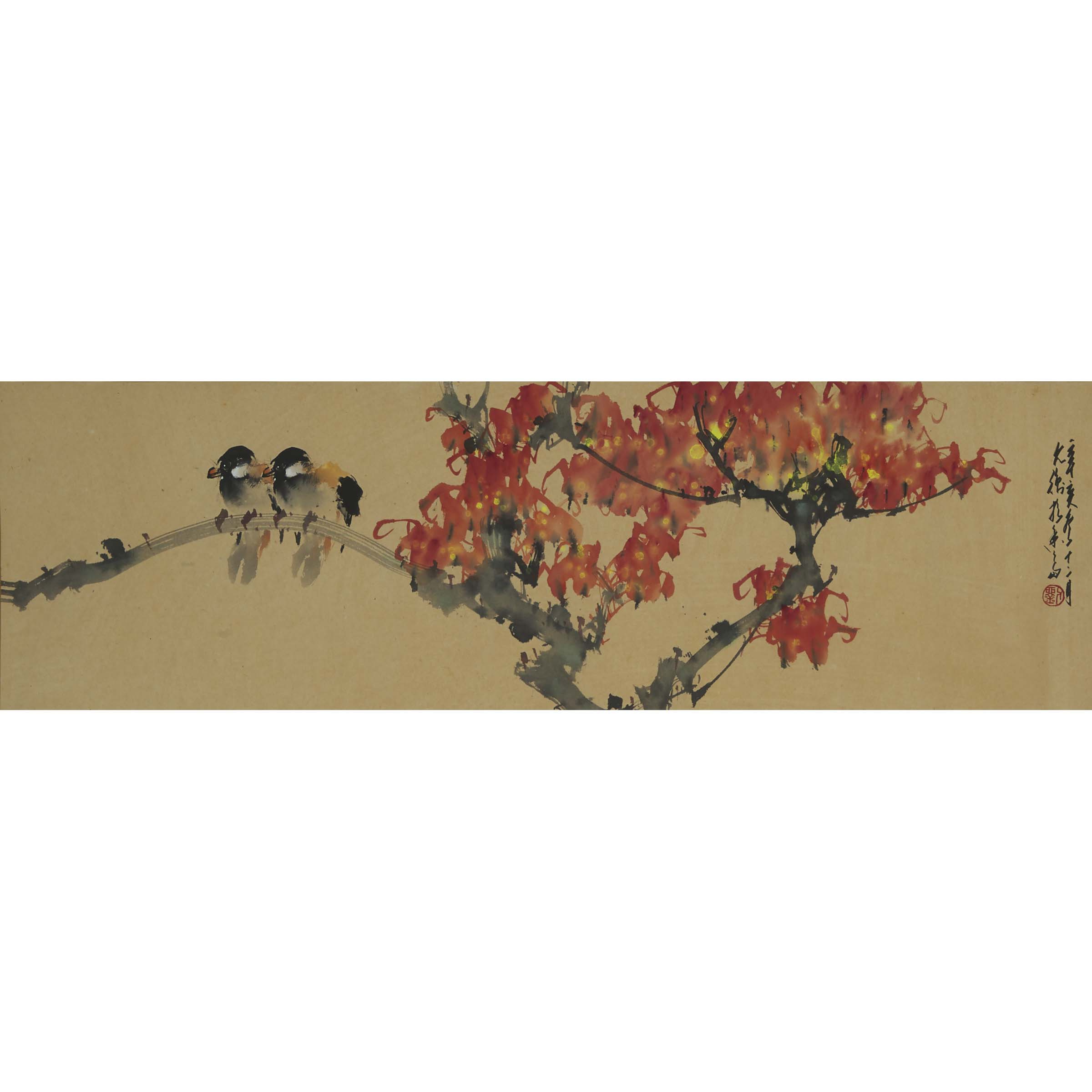 Liu Yunheng (1938-1975), Lingnan School,  Birds and Red Leaves, Dated 1971