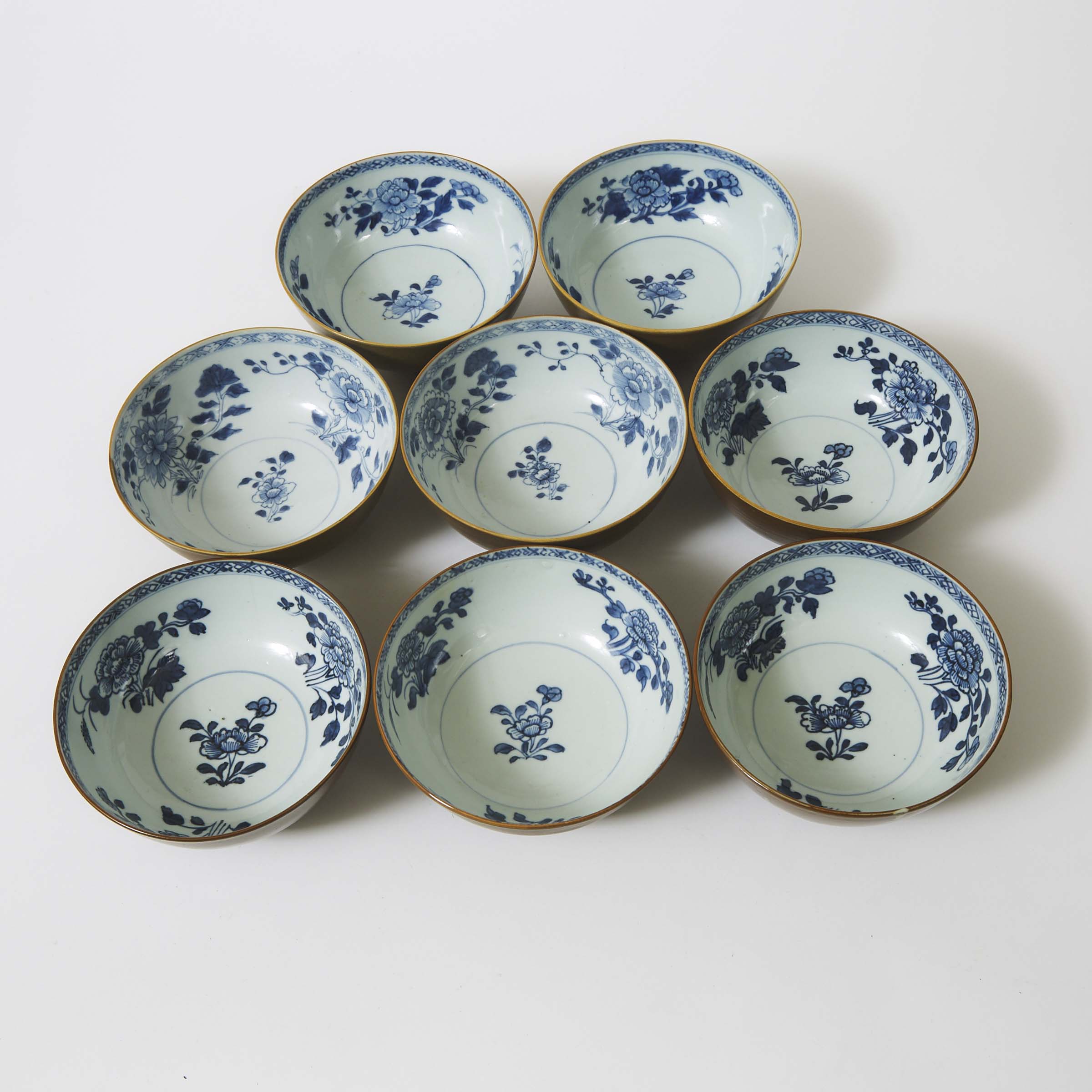 A Set of Eight 'Batavian' Floral Small Bowls from the Nanking Cargo, Qianlong Period, Circa 1750