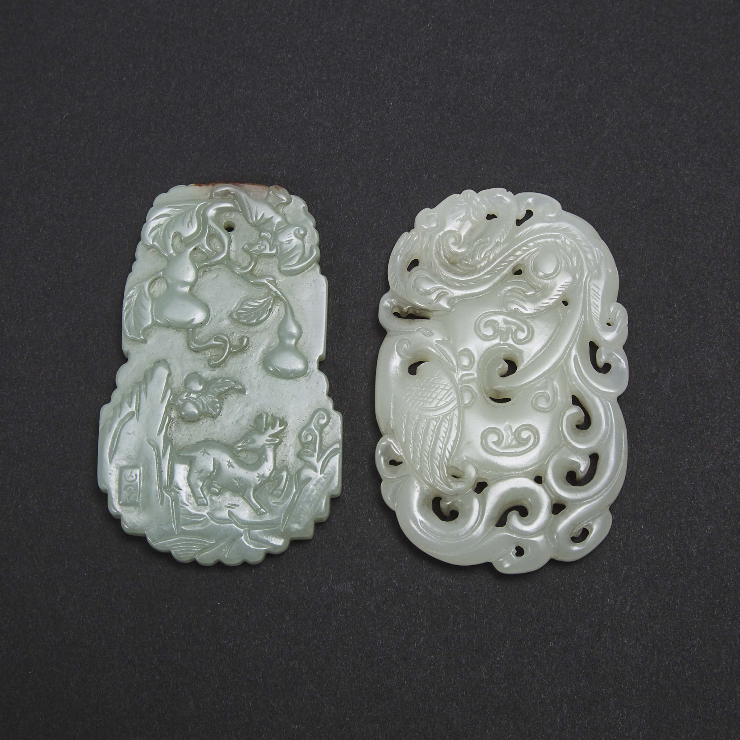 Two Jade 'Dragon and Phoenix' and 'Deer and Double-Gourd' Plaques