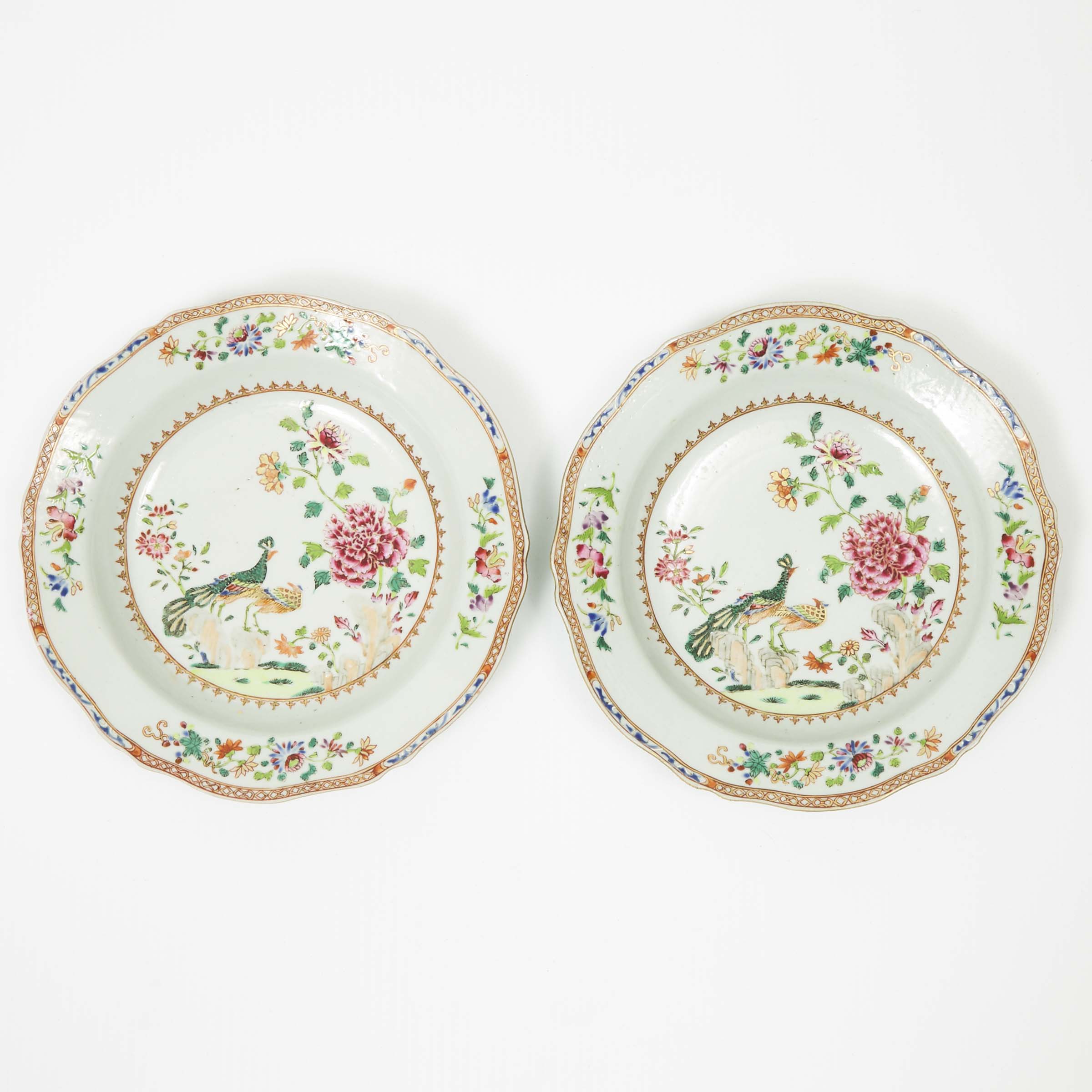 A Pair of Famille Rose Lobed Plates with Peacocks, 18th Century
